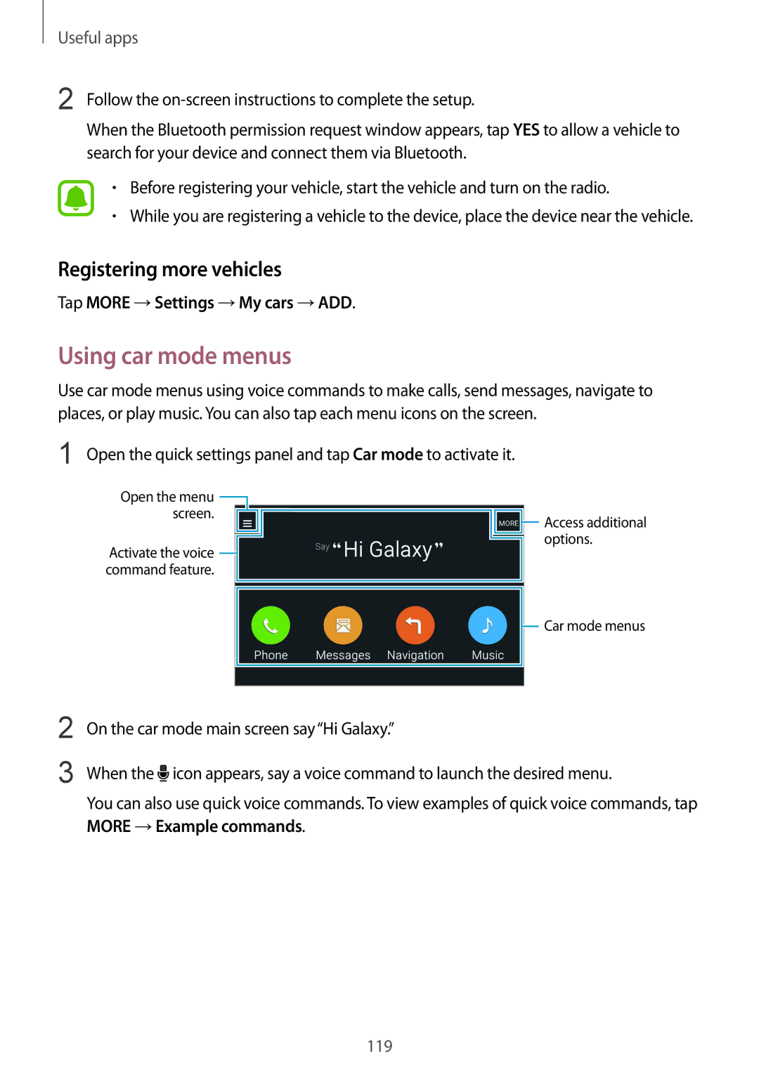 Samsung SM-N915FZKEILO, SM-N915FZWEKSA Using car mode menus, Registering more vehicles, Tap More →Settings →My cars →ADD 