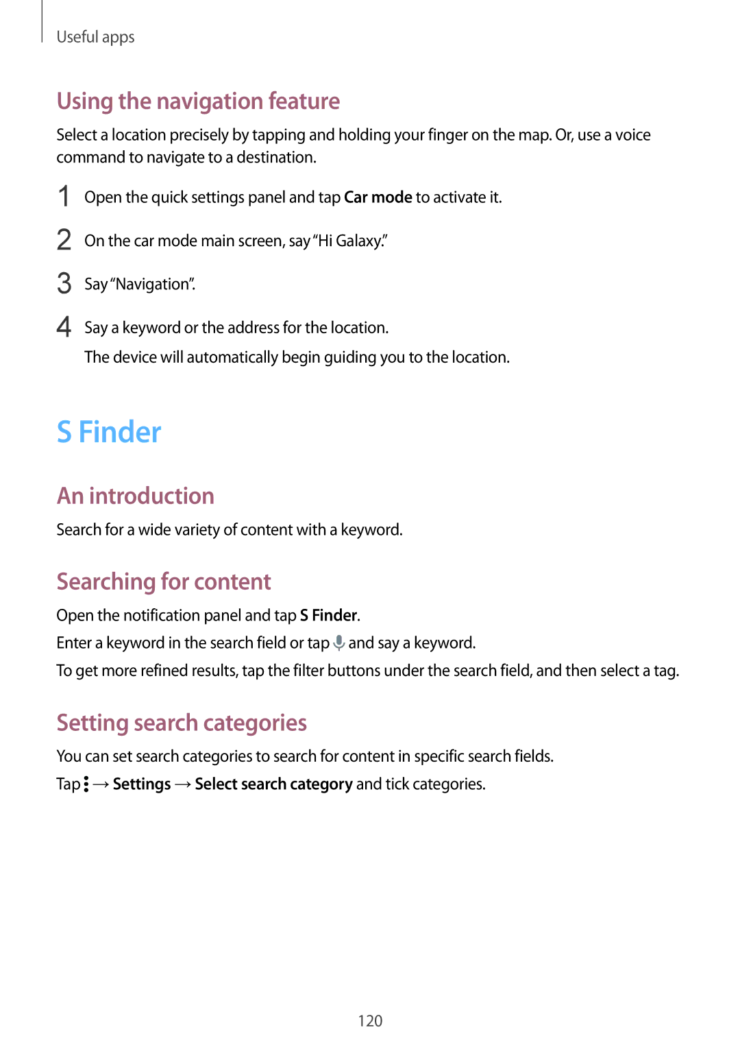 Samsung SM-N915FZWEKSA manual Finder, Using the navigation feature, Searching for content, Setting search categories 