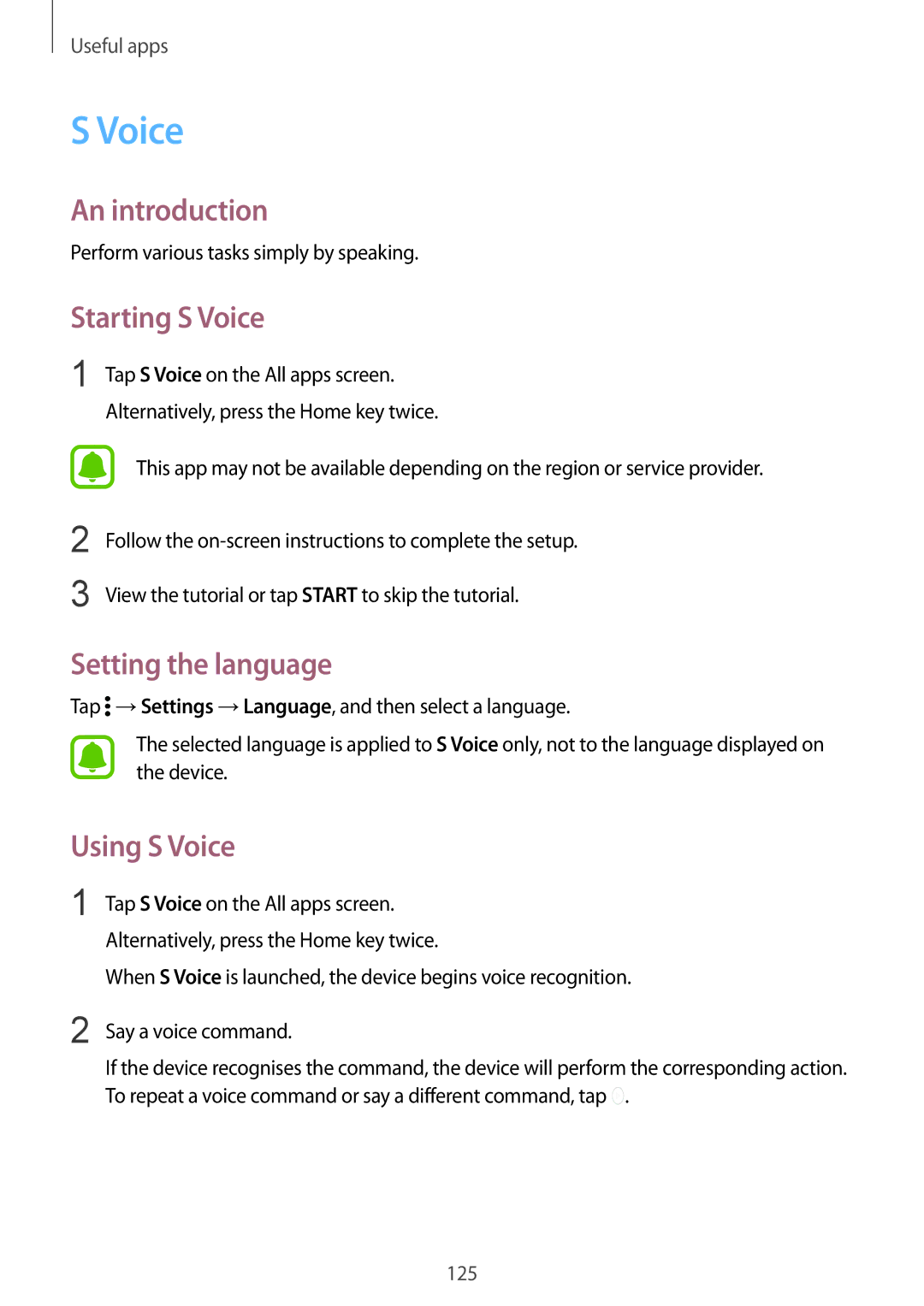 Samsung SM-N915FZWEKSA, SM-N915FZKEXEV, SM-N915FZWEXEV manual Starting S Voice, Setting the language, Using S Voice 