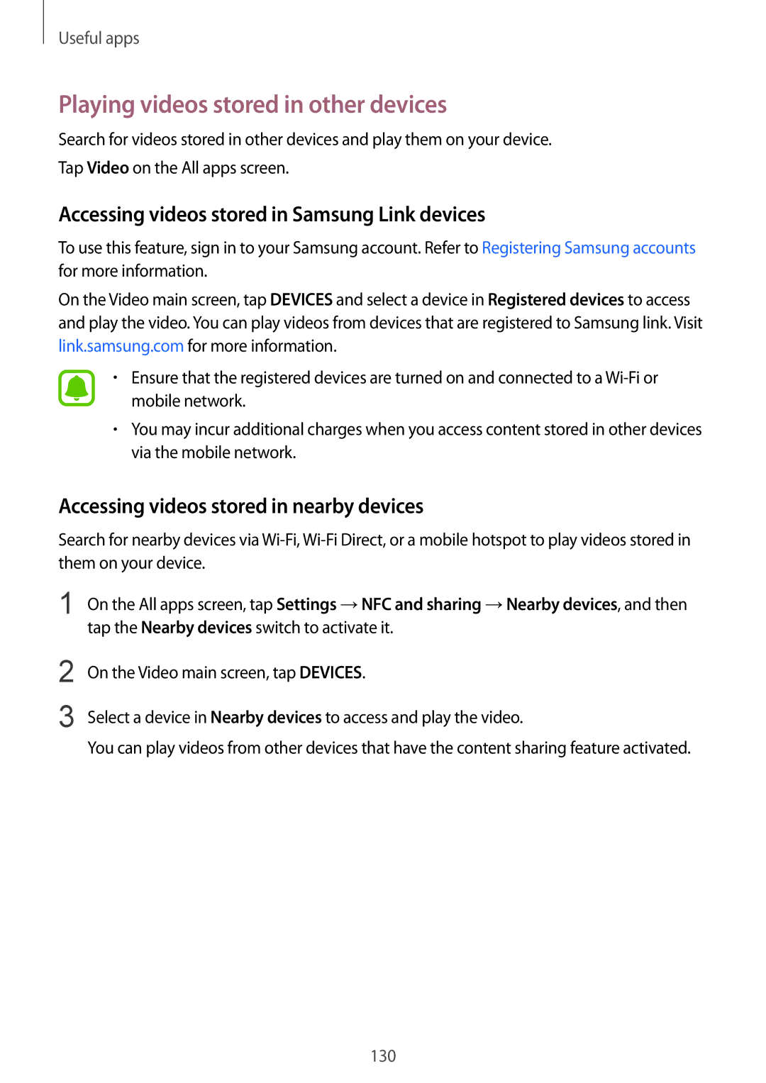 Samsung SM-N915FZWEKSA manual Playing videos stored in other devices, Accessing videos stored in Samsung Link devices 