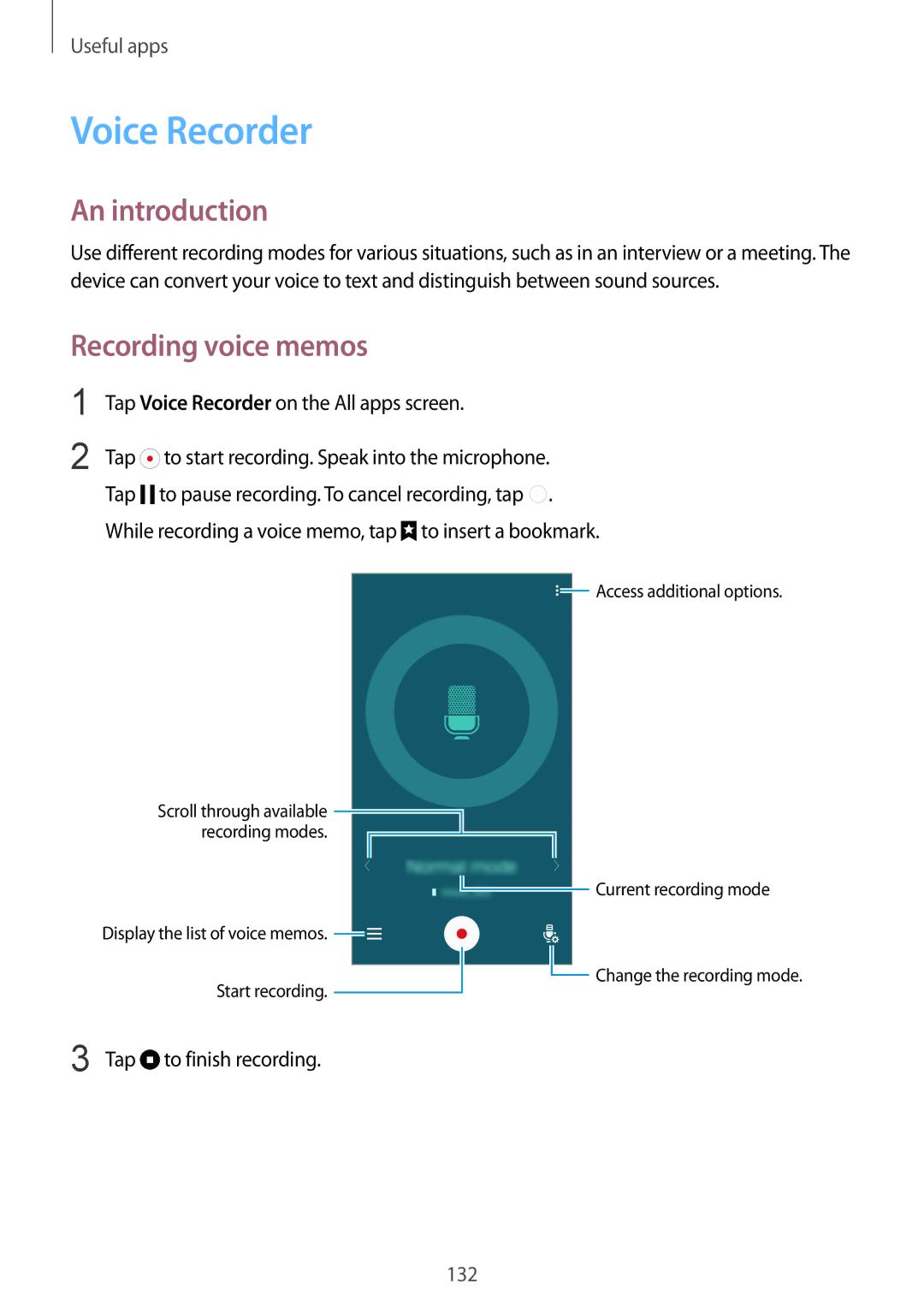 Samsung SM-N915FZWEXEV manual Recording voice memos, Tap Voice Recorder on the All apps screen, Tap to finish recording 