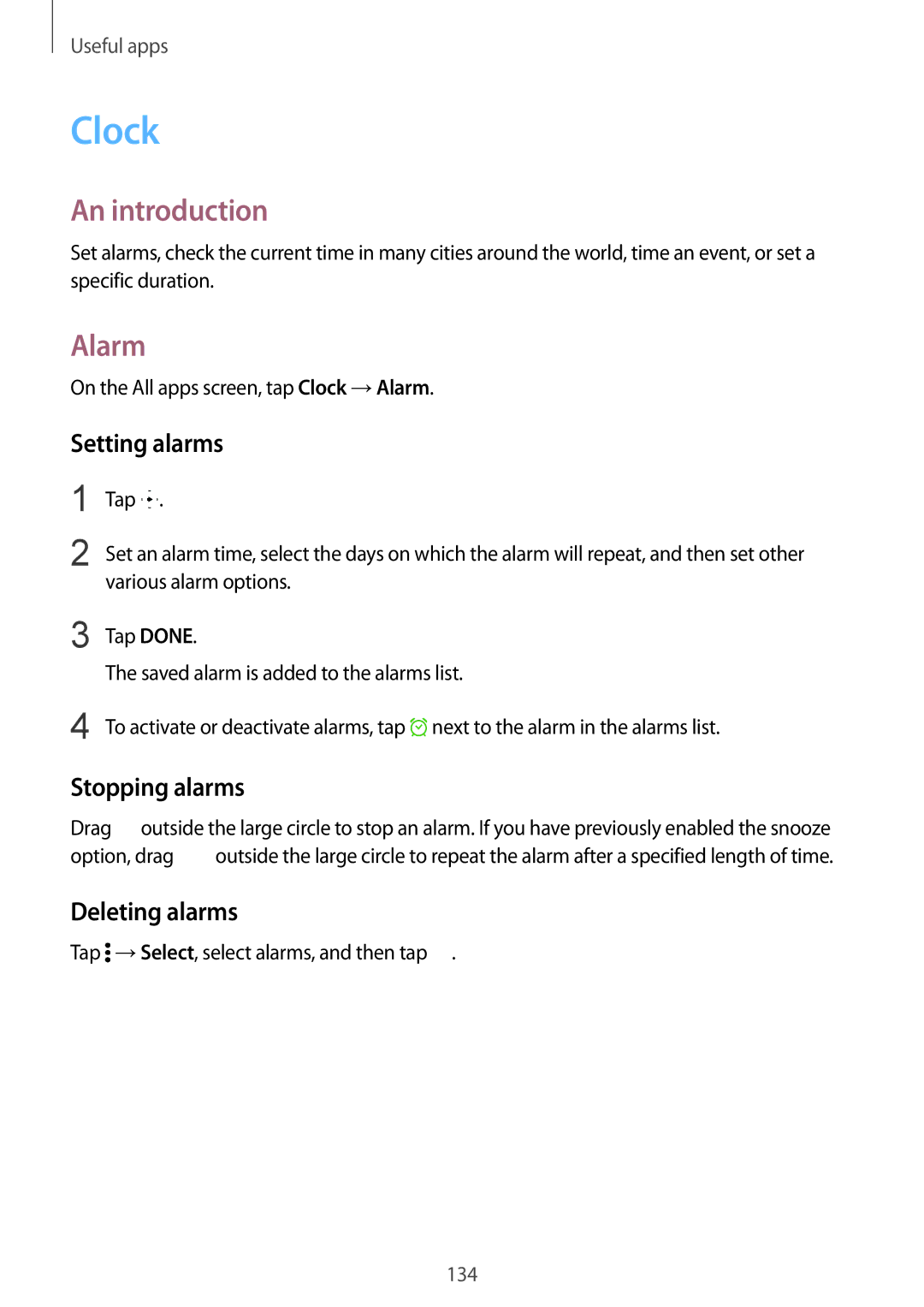 Samsung SM-N915FZKEILO, SM-N915FZWEKSA, SM-N915FZKEXEV manual Clock, Alarm, Setting alarms, Stopping alarms, Deleting alarms 