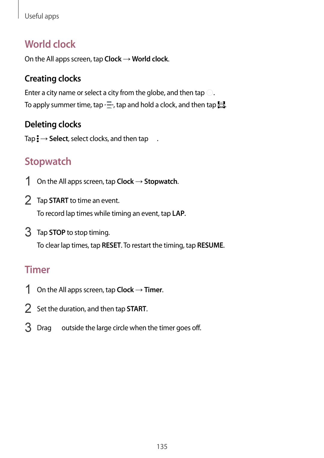 Samsung SM-N915FZWEKSA, SM-N915FZKEXEV, SM-N915FZWEXEV manual World clock, Stopwatch, Timer, Creating clocks, Deleting clocks 