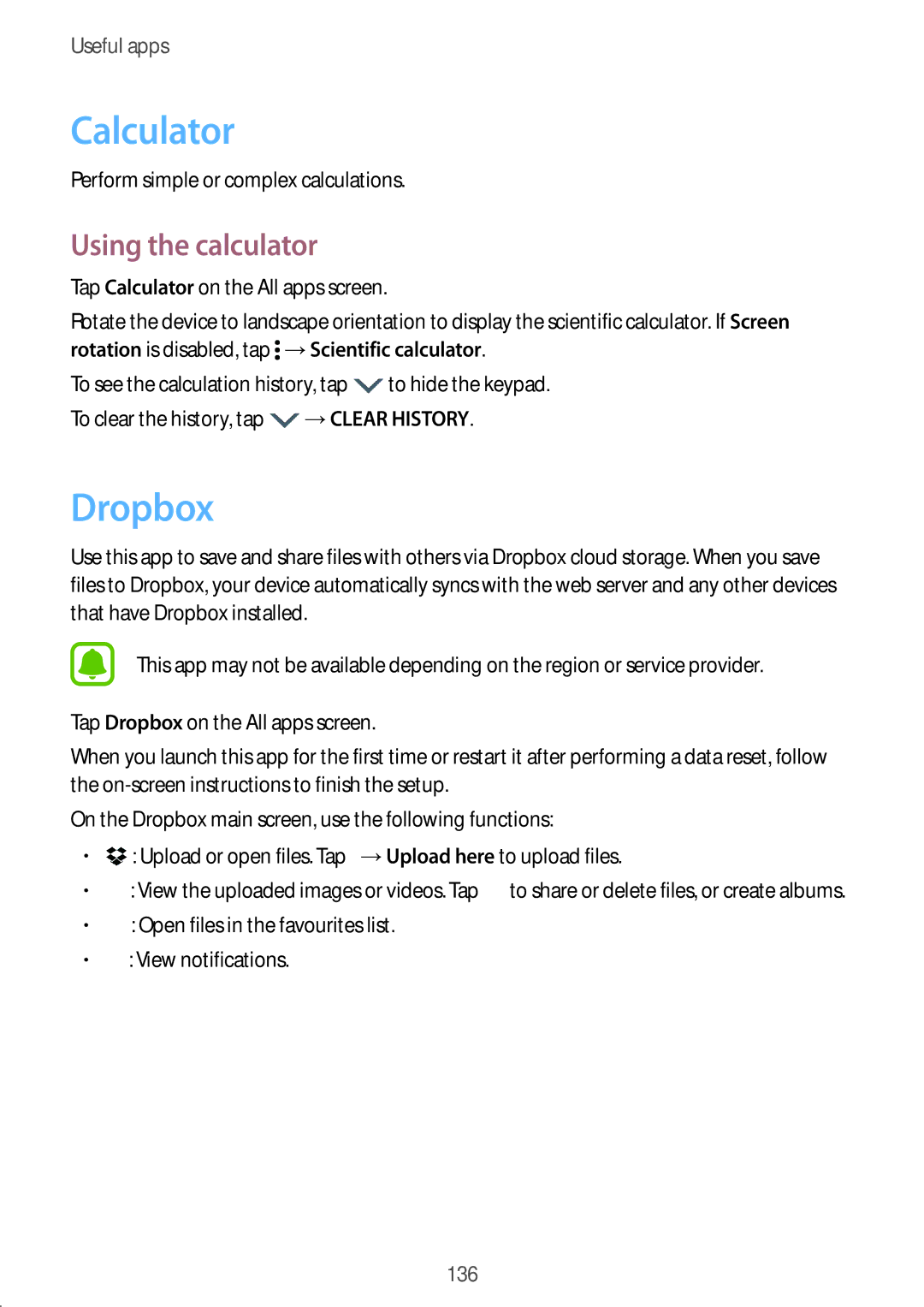 Samsung SM-N915FZKEXEV, SM-N915FZWEKSA Calculator, Dropbox, Using the calculator, Perform simple or complex calculations 