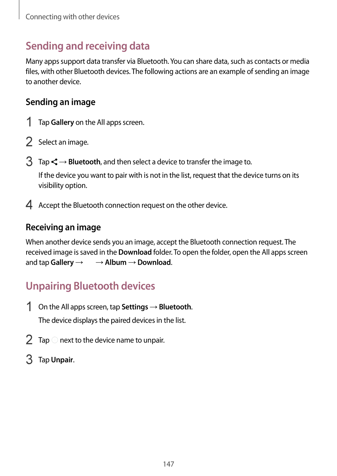 Samsung SM-N915FZWEXEV manual Sending and receiving data, Unpairing Bluetooth devices, Sending an image, Receiving an image 