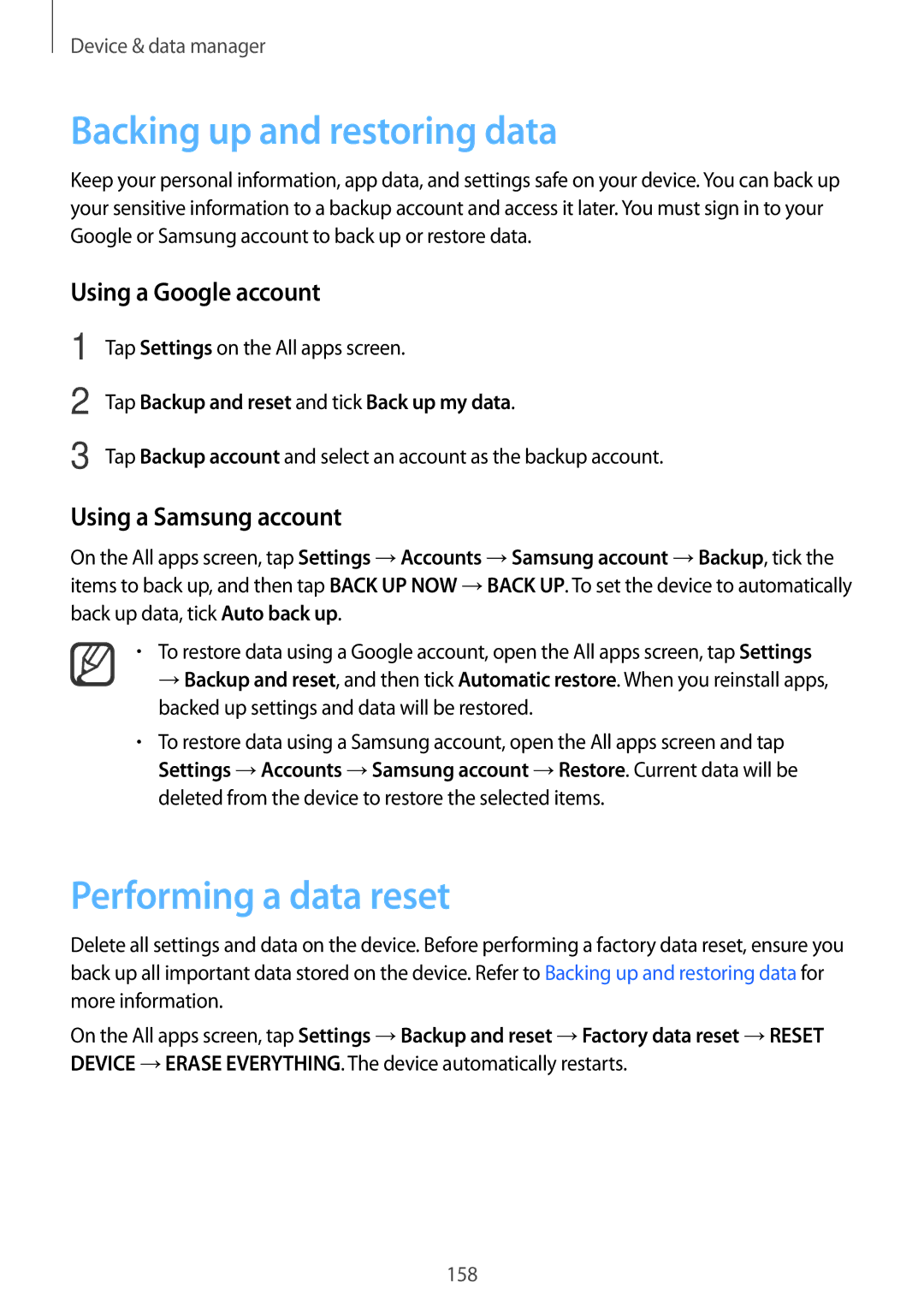 Samsung SM-N915FZWEILO, SM-N915FZWEKSA manual Backing up and restoring data, Performing a data reset, Using a Google account 