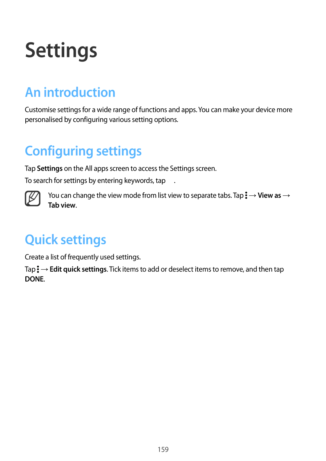 Samsung SM-N915FZKEILO, SM-N915FZWEKSA, SM-N915FZKEXEV manual Settings, An introduction, Configuring settings, Quick settings 