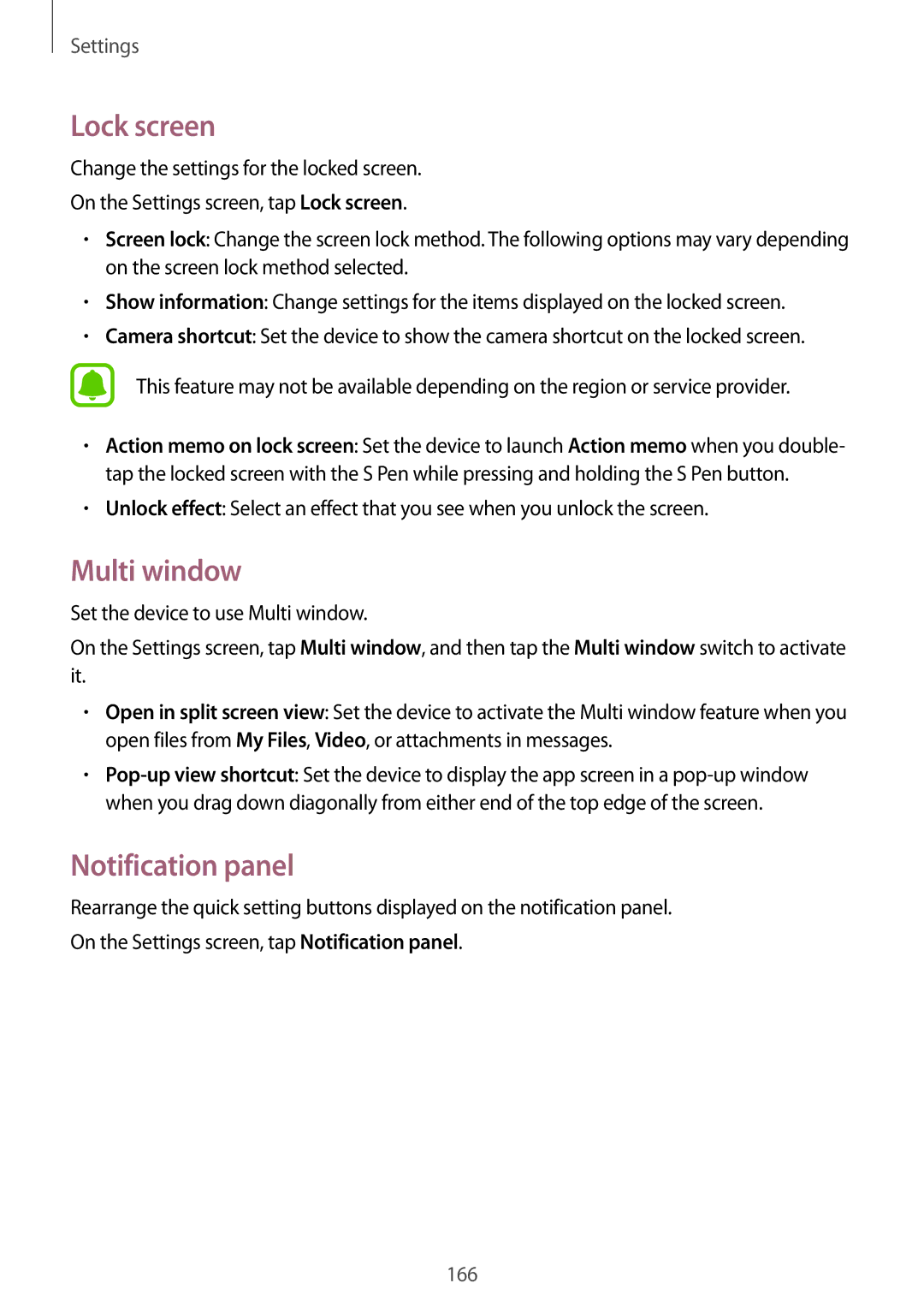 Samsung SM-N915FZKEXEV, SM-N915FZWEKSA, SM-N915FZWEXEV, SM-N915FZWEILO manual Lock screen, Multi window, Notification panel 