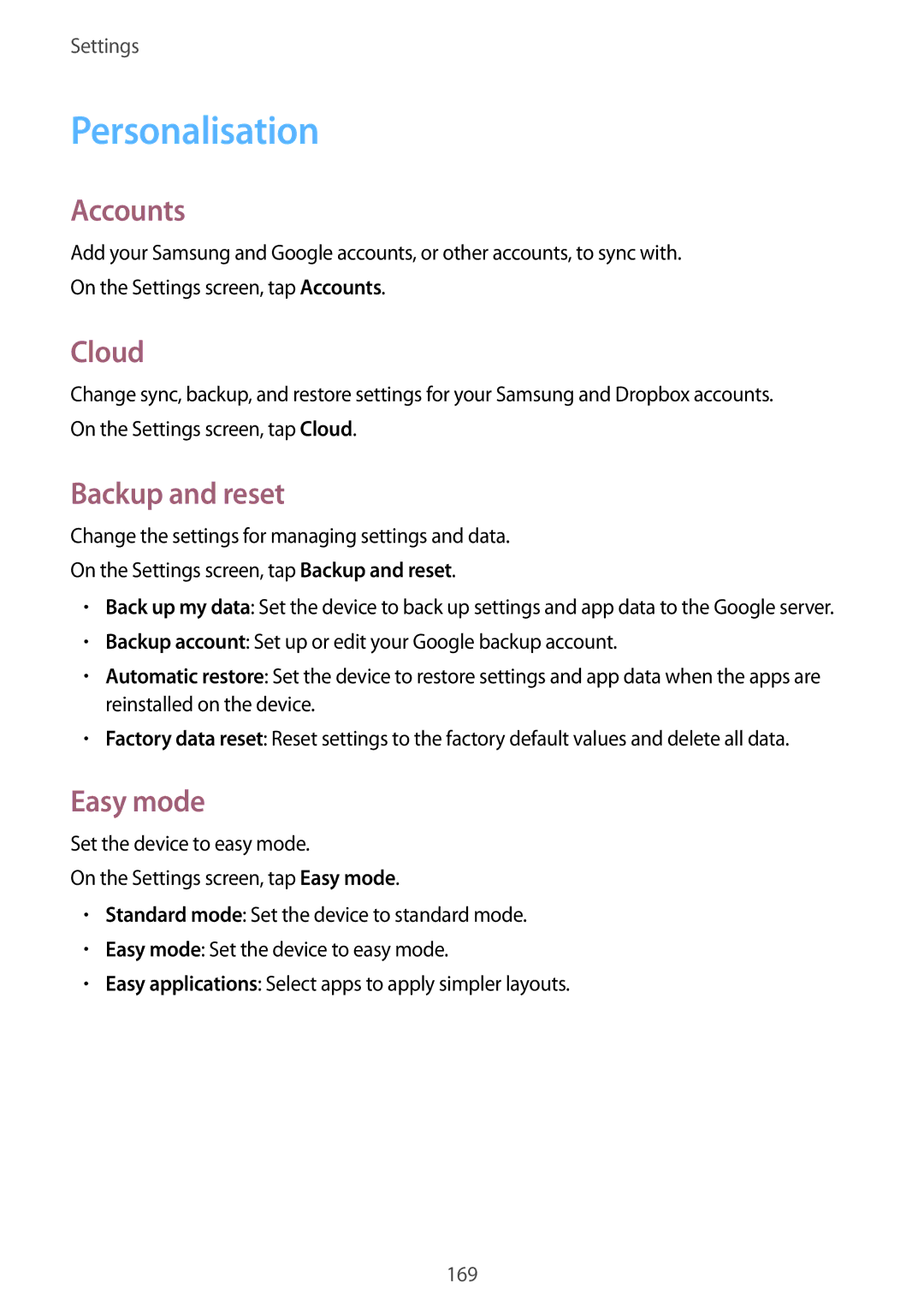 Samsung SM-N915FZKEILO, SM-N915FZWEKSA, SM-N915FZKEXEV manual Personalisation, Accounts, Cloud, Backup and reset, Easy mode 