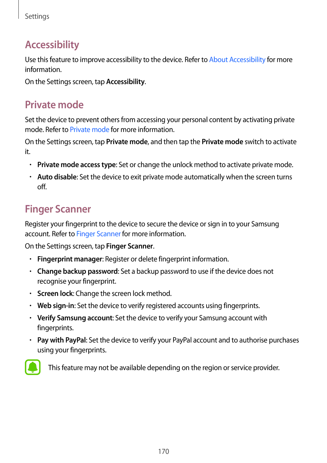 Samsung SM-N915FZWEKSA, SM-N915FZKEXEV, SM-N915FZWEXEV, SM-N915FZWEILO manual Accessibility, Private mode, Finger Scanner 