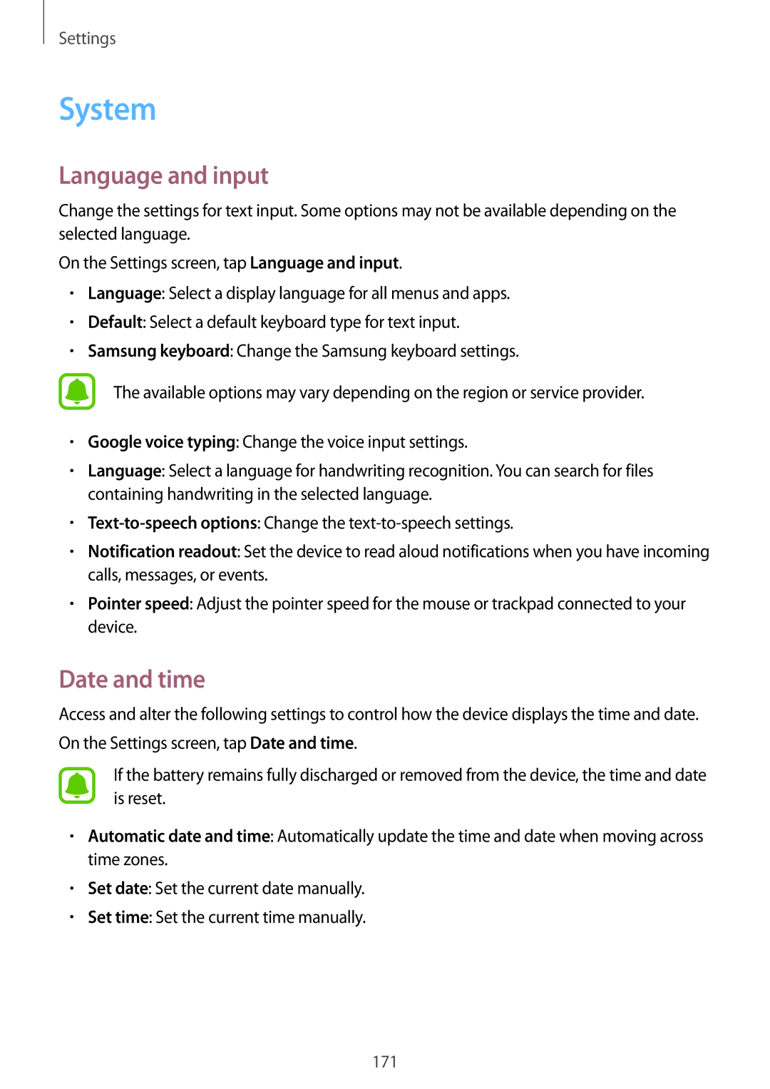 Samsung SM-N915FZKEXEV, SM-N915FZWEKSA, SM-N915FZWEXEV, SM-N915FZWEILO manual System, Language and input, Date and time 