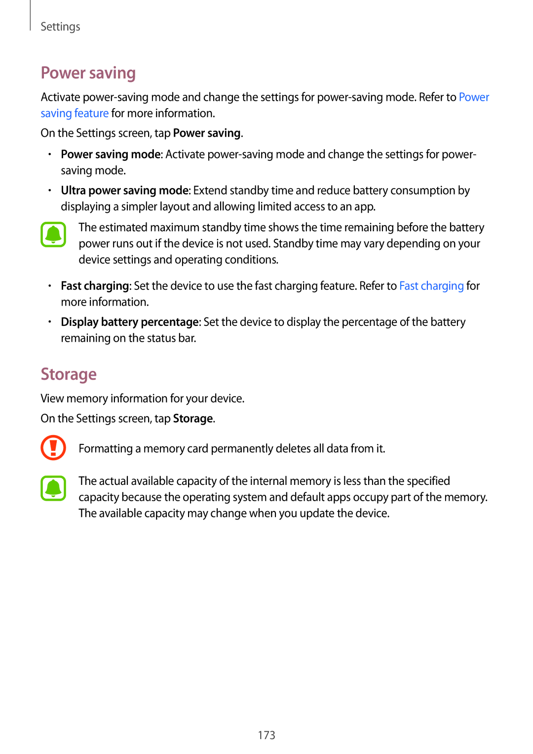 Samsung SM-N915FZWEILO, SM-N915FZWEKSA, SM-N915FZKEXEV, SM-N915FZWEXEV, SM-N915FZKEILO manual Power saving, Storage 