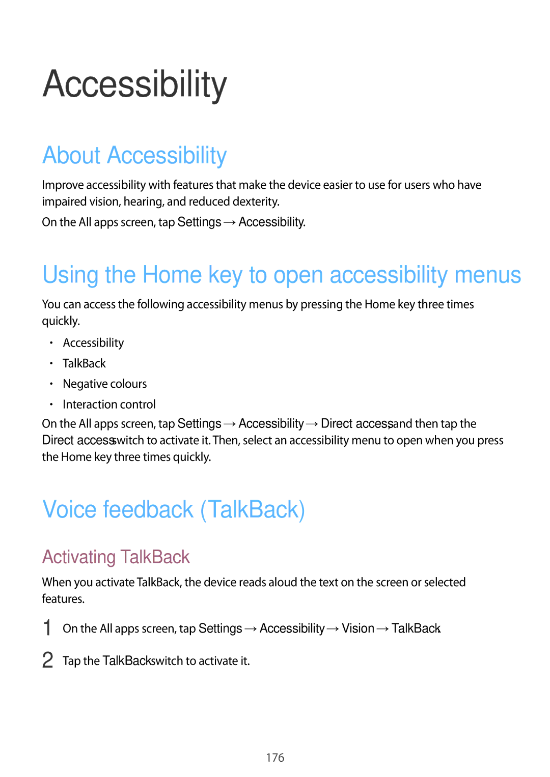 Samsung SM-N915FZKEXEV, SM-N915FZWEKSA manual About Accessibility, Voice feedback TalkBack, Activating TalkBack 