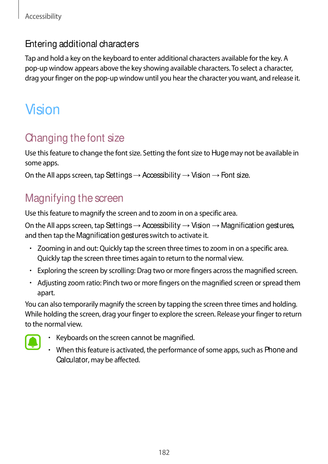 Samsung SM-N915FZWEXEV manual Vision, Changing the font size, Magnifying the screen, Entering additional characters 