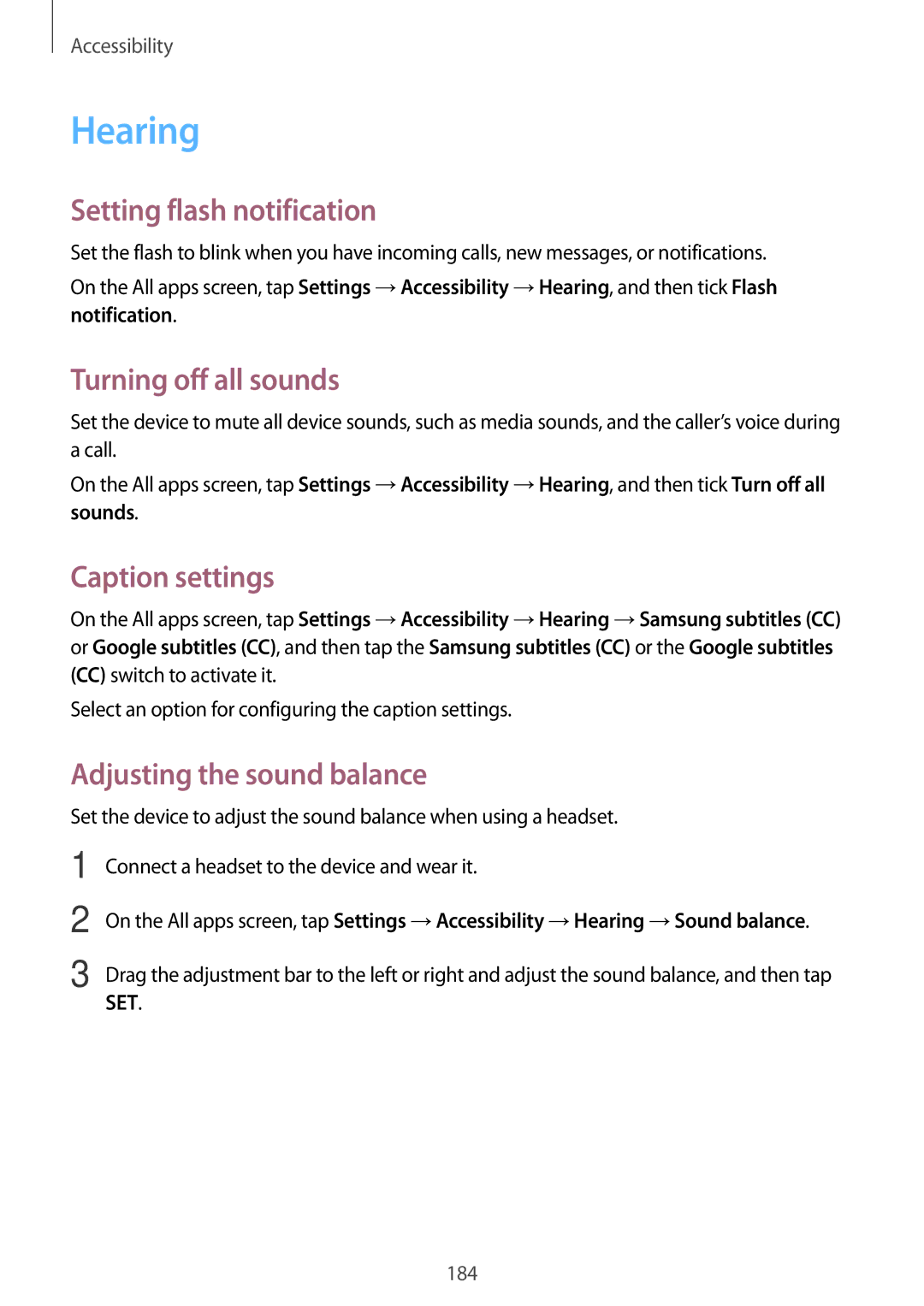 Samsung SM-N915FZKEILO, SM-N915FZWEKSA manual Hearing, Setting flash notification, Turning off all sounds, Caption settings 