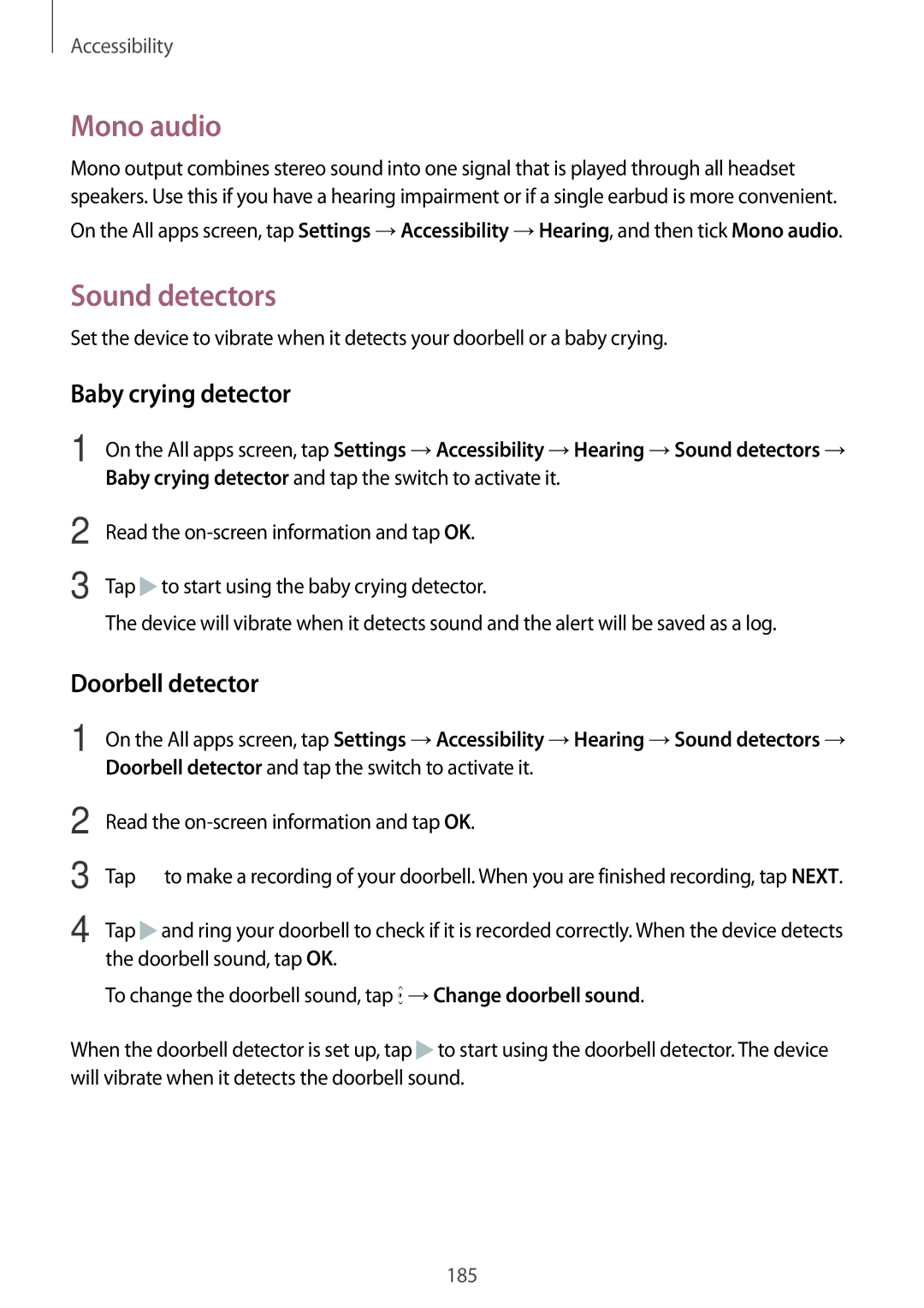 Samsung SM-N915FZWEKSA, SM-N915FZKEXEV, SM-N915FZWEXEV Mono audio, Sound detectors, Baby crying detector, Doorbell detector 