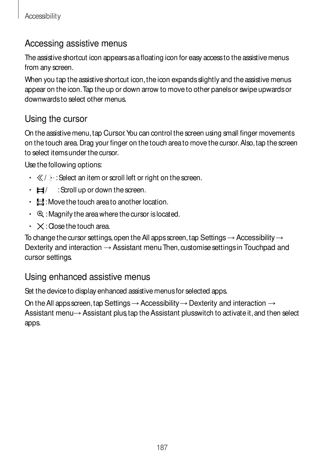 Samsung SM-N915FZWEXEV, SM-N915FZWEKSA manual Accessing assistive menus, Using the cursor, Using enhanced assistive menus 