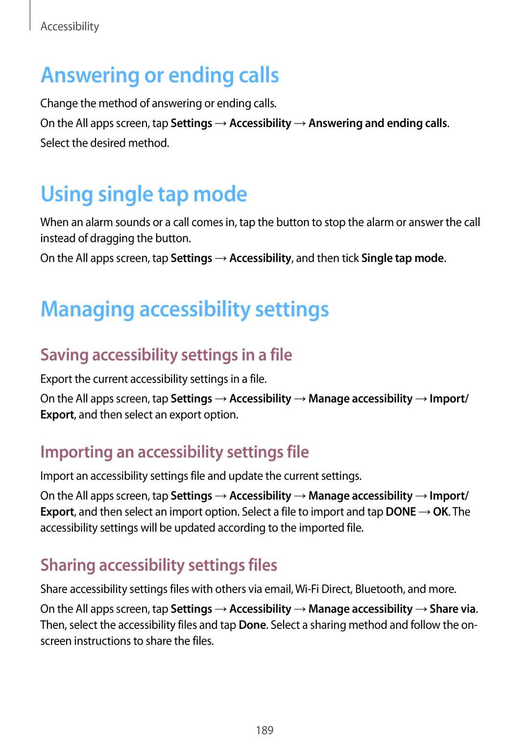 Samsung SM-N915FZKEILO, SM-N915FZWEKSA Answering or ending calls, Using single tap mode, Managing accessibility settings 