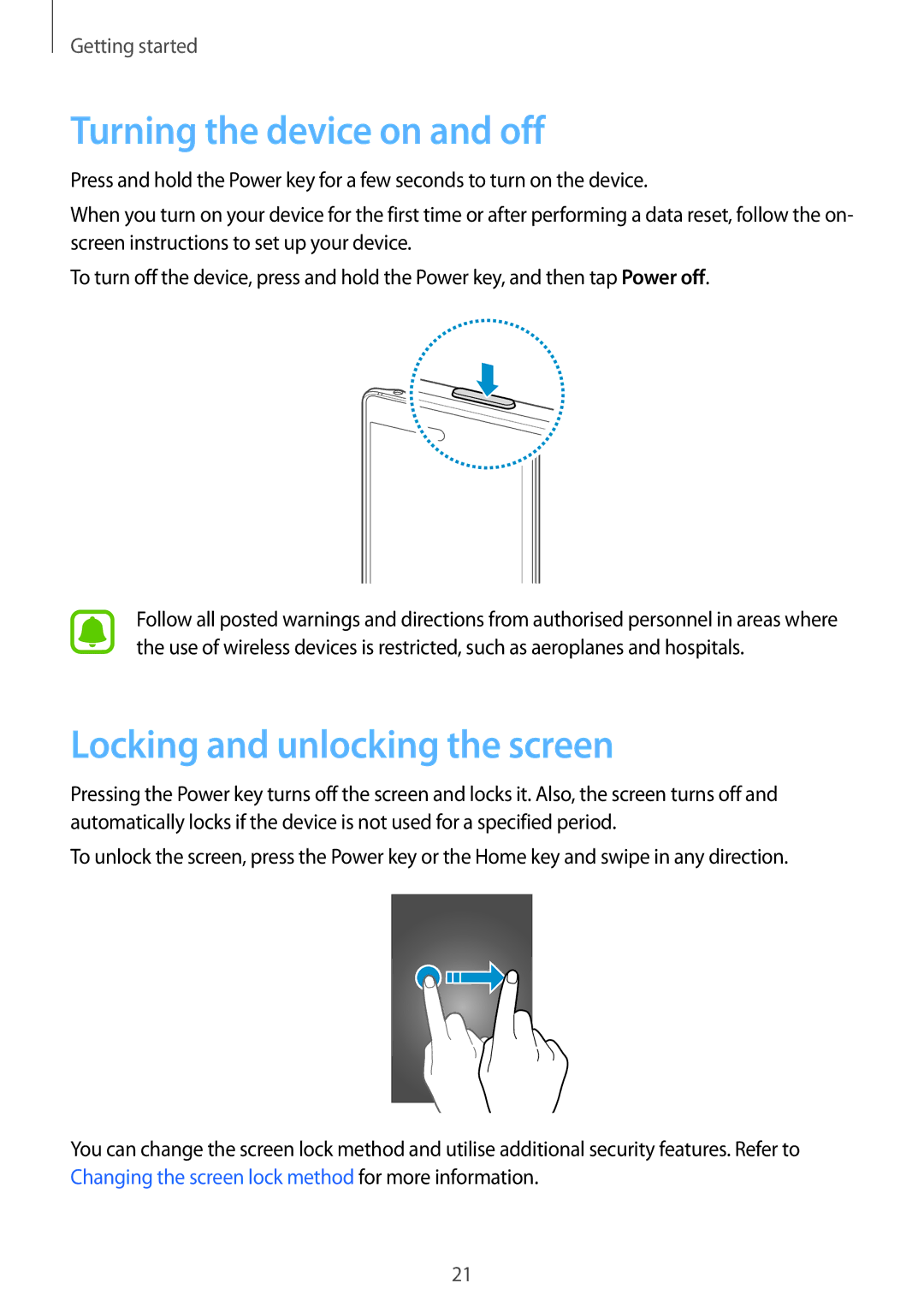 Samsung SM-N915FZKEXEV, SM-N915FZWEKSA, SM-N915FZWEXEV manual Turning the device on and off, Locking and unlocking the screen 