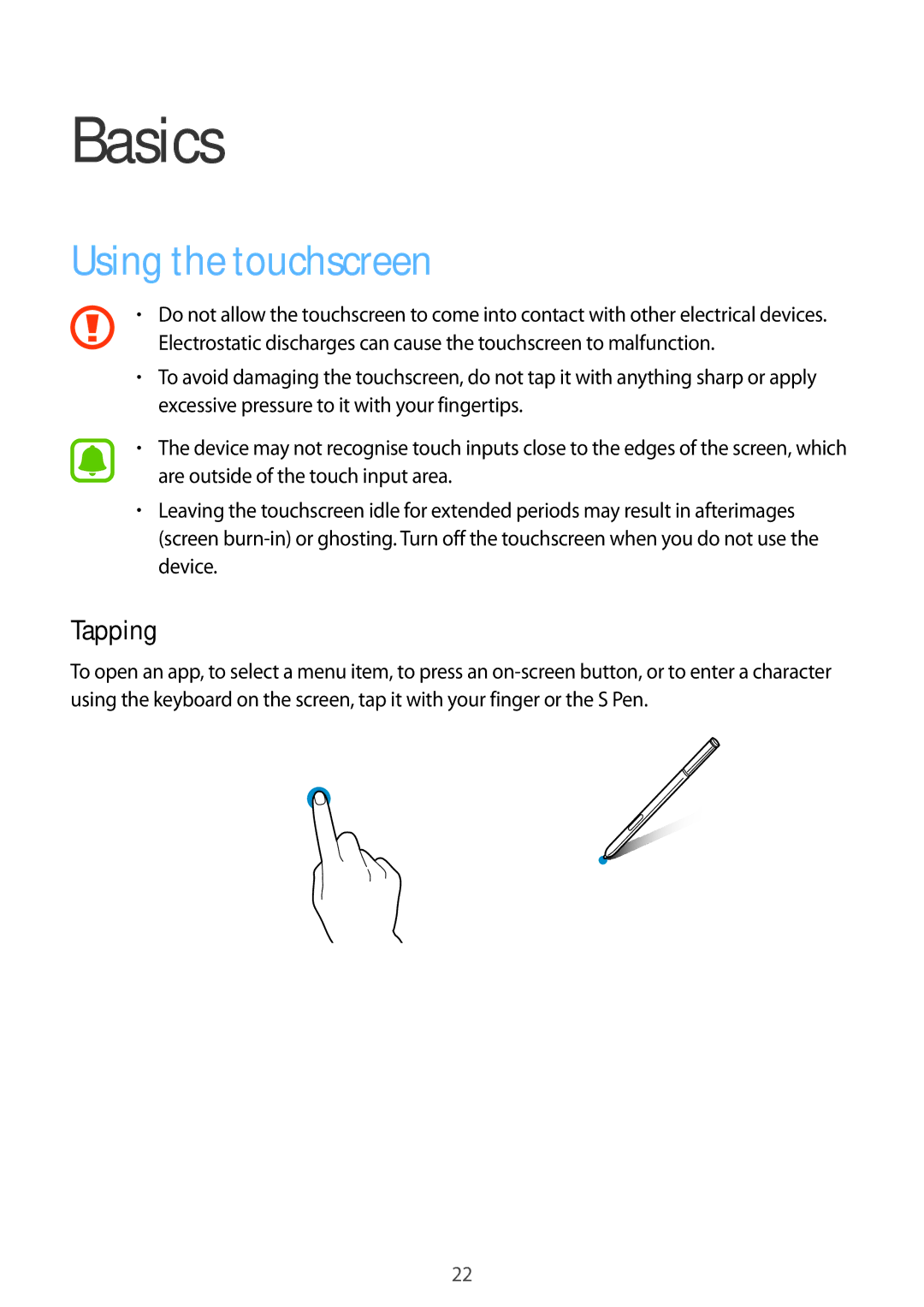 Samsung SM-N915FZWEXEV, SM-N915FZWEKSA, SM-N915FZKEXEV, SM-N915FZWEILO, SM-N915FZKEILO Basics, Using the touchscreen, Tapping 