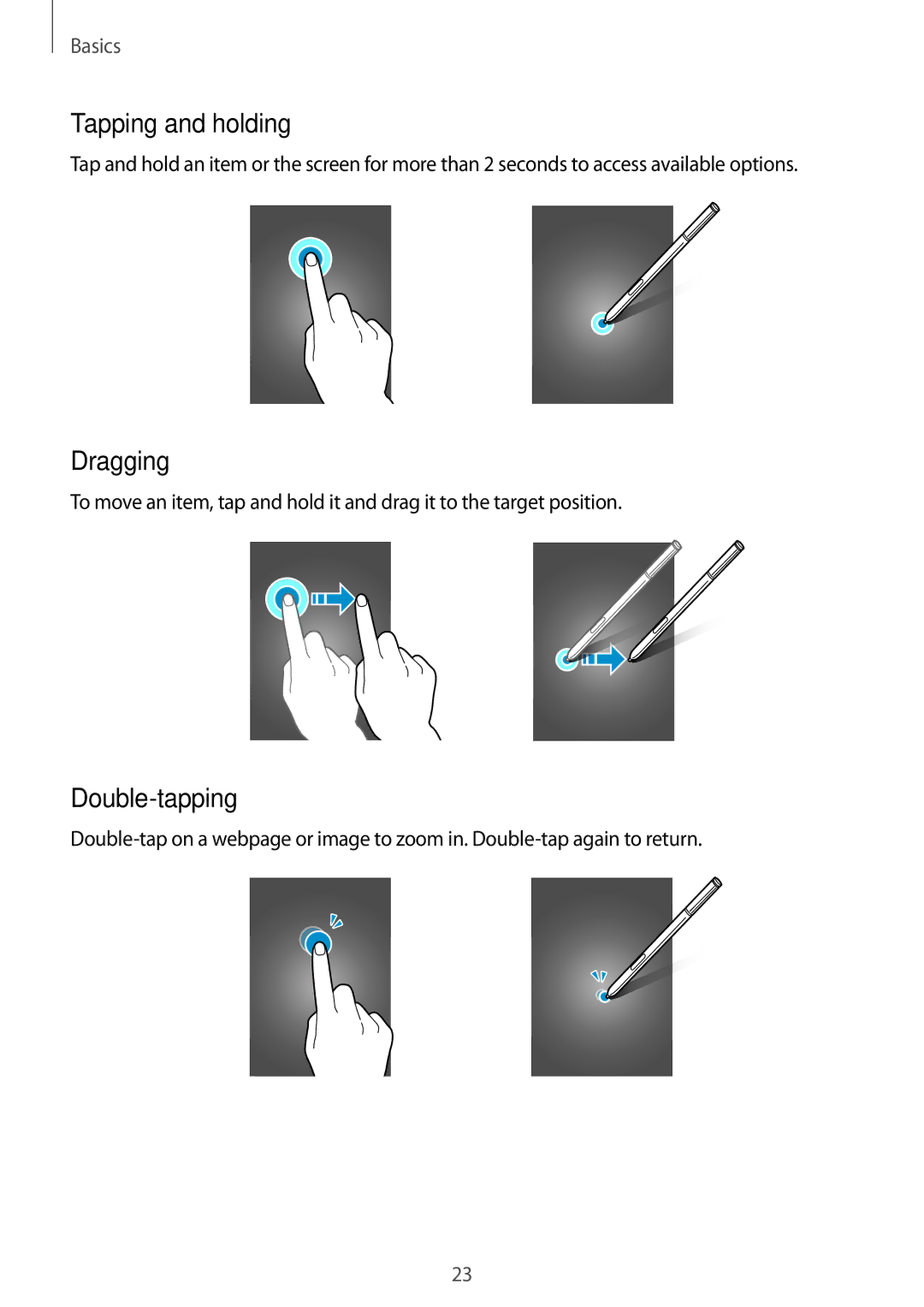 Samsung SM-N915FZWEILO, SM-N915FZWEKSA, SM-N915FZKEXEV, SM-N915FZWEXEV manual Tapping and holding, Dragging, Double-tapping 