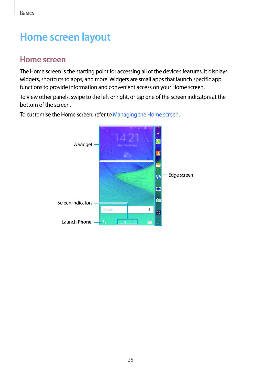 Samsung SM-N915FZWEKSA, SM-N915FZKEXEV, SM-N915FZWEXEV, SM-N915FZWEILO, SM-N915FZKEILO manual Home screen layout 