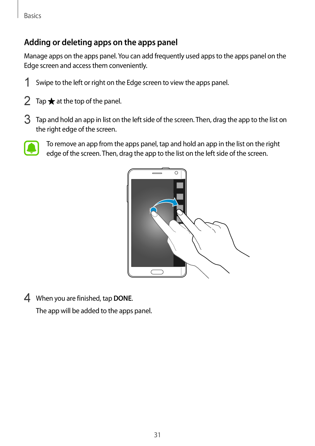 Samsung SM-N915FZKEXEV, SM-N915FZWEKSA, SM-N915FZWEXEV, SM-N915FZWEILO manual Adding or deleting apps on the apps panel 