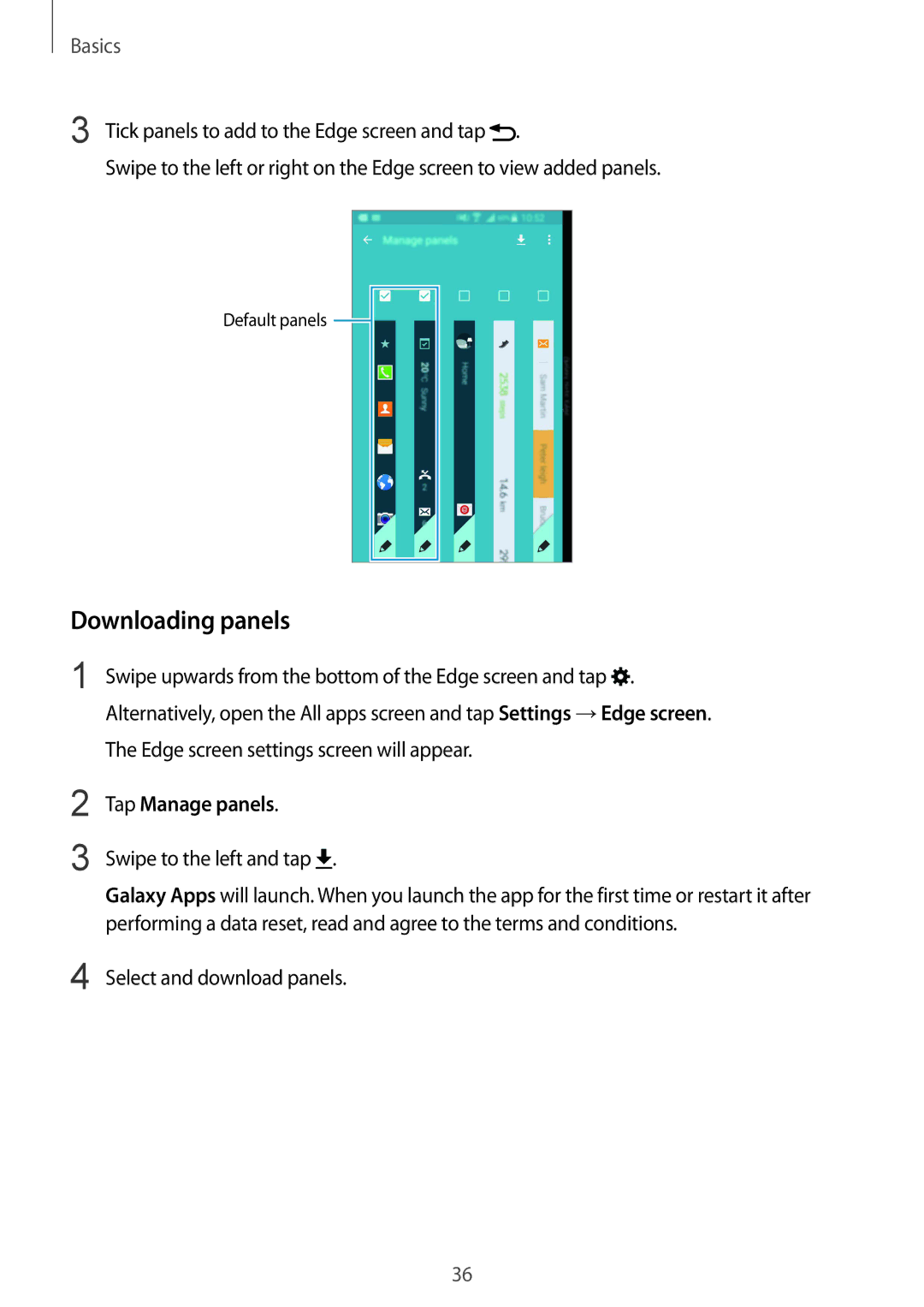 Samsung SM-N915FZKEXEV, SM-N915FZWEKSA manual Downloading panels, Swipe to the left and tap, Select and download panels 