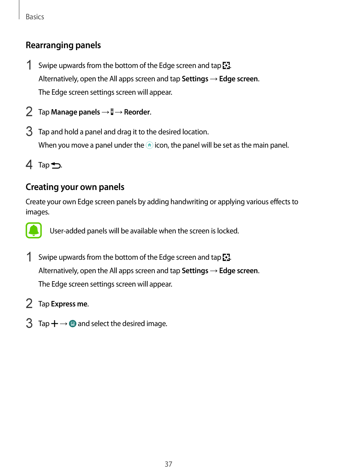 Samsung SM-N915FZWEXEV manual Rearranging panels, Creating your own panels, Tap Manage panels → →Reorder, Tap Express me 