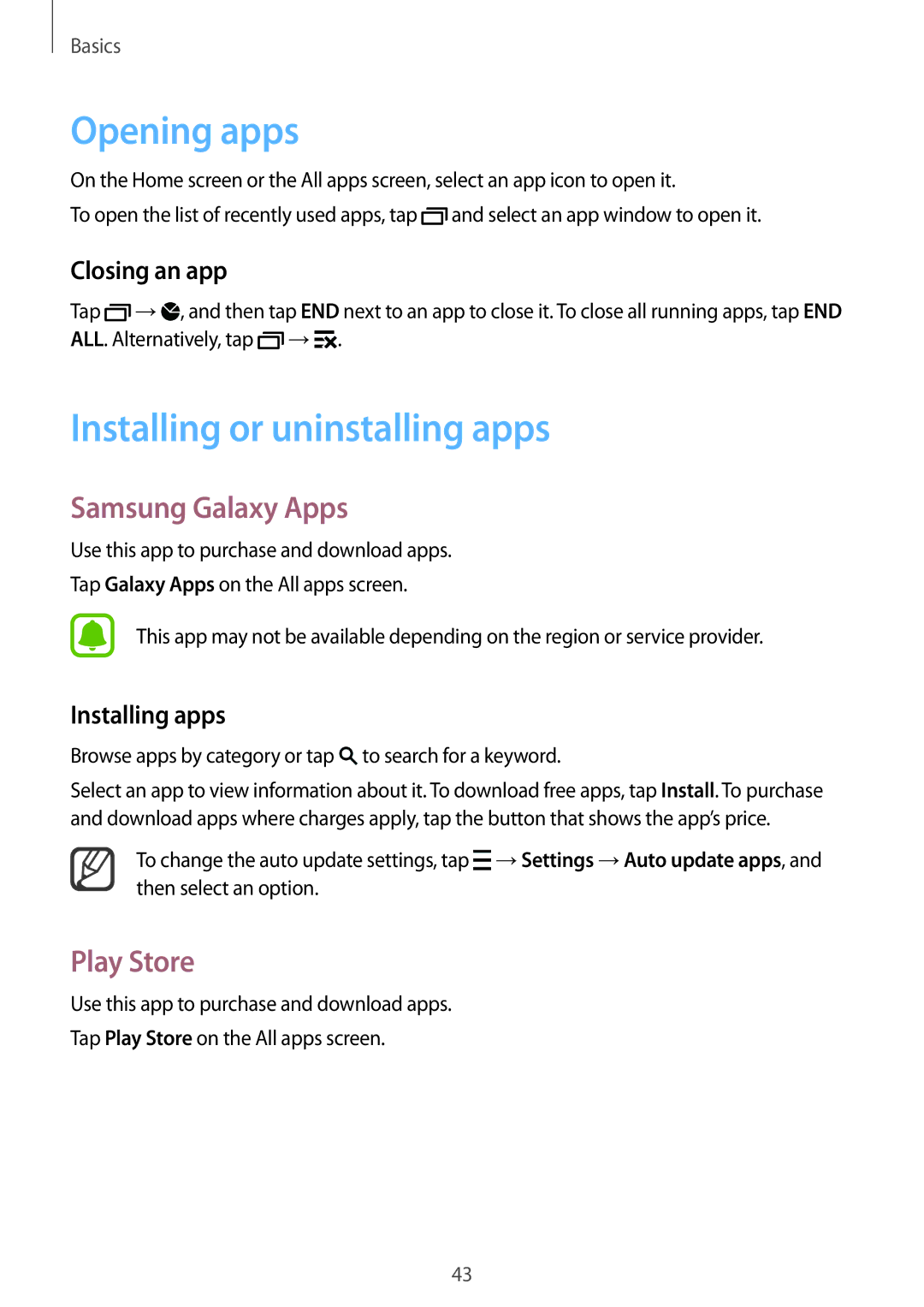 Samsung SM-N915FZWEILO, SM-N915FZWEKSA manual Opening apps, Installing or uninstalling apps, Samsung Galaxy Apps, Play Store 