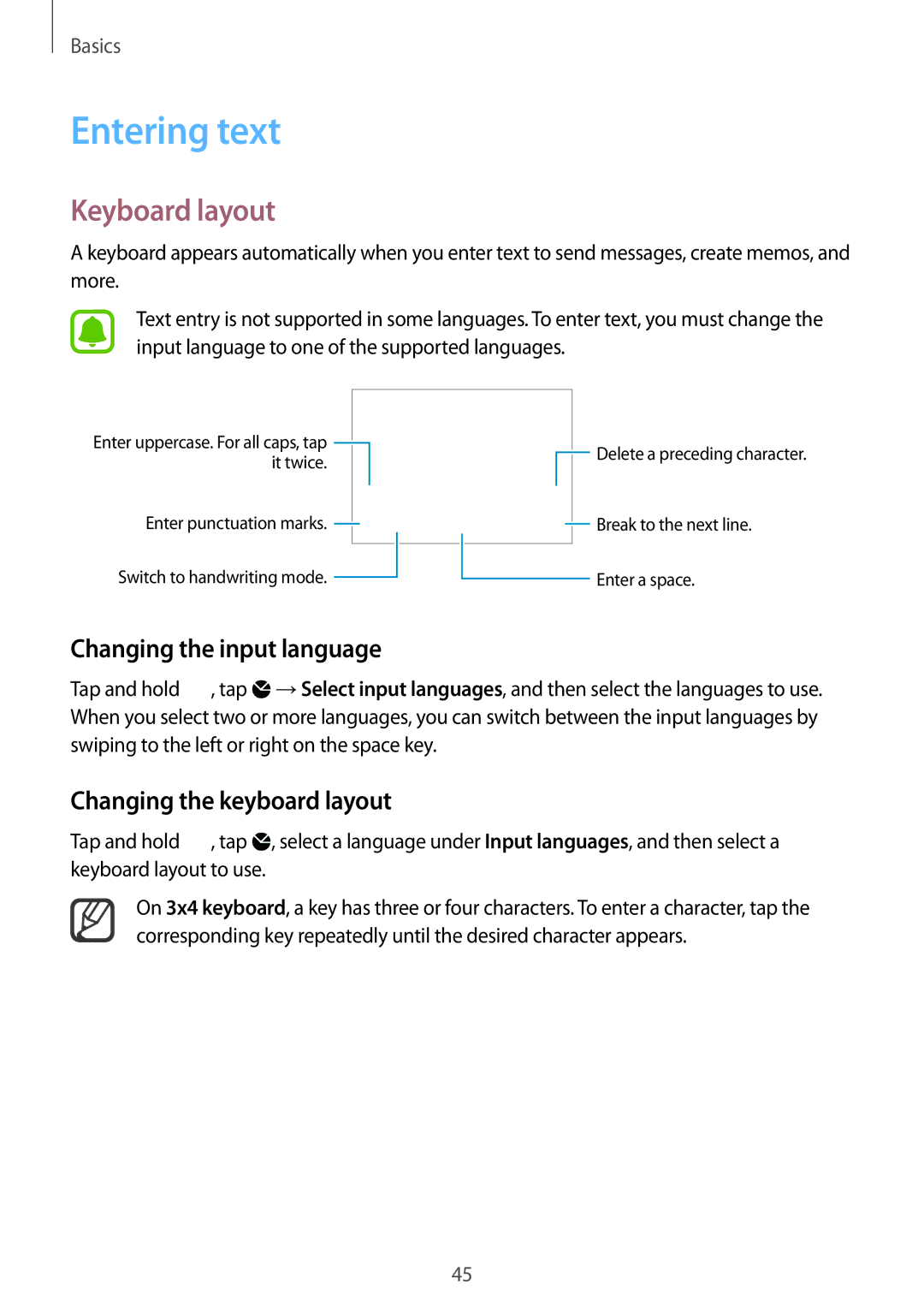 Samsung SM-N915FZWEKSA manual Entering text, Keyboard layout, Changing the input language, Changing the keyboard layout 