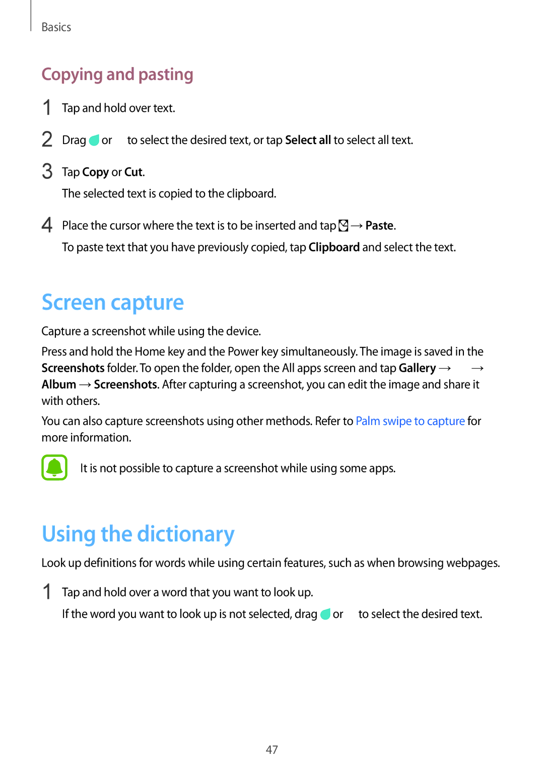 Samsung SM-N915FZWEXEV, SM-N915FZWEKSA, SM-N915FZKEXEV manual Screen capture, Using the dictionary, Copying and pasting 