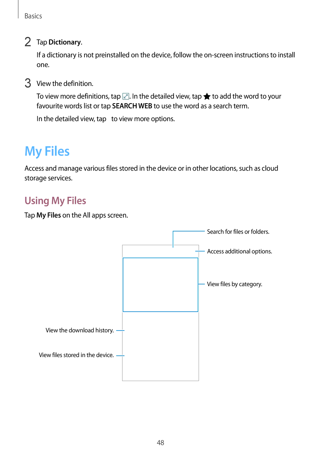 Samsung SM-N915FZWEILO, SM-N915FZWEKSA manual Using My Files, Tap Dictionary, Detailed view, tap to view more options 