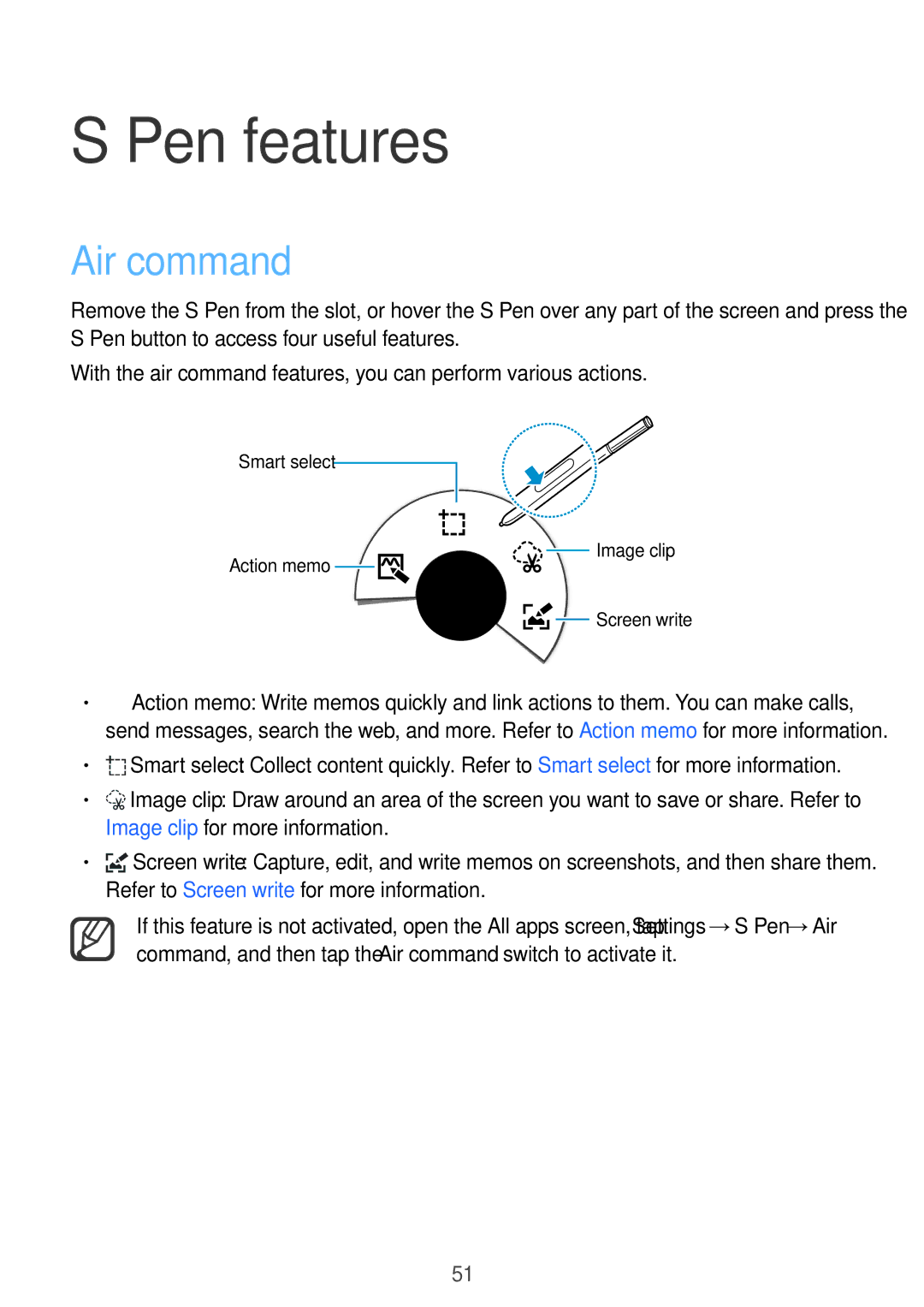 Samsung SM-N915FZKEXEV, SM-N915FZWEKSA, SM-N915FZWEXEV, SM-N915FZWEILO, SM-N915FZKEILO manual Pen features, Air command 