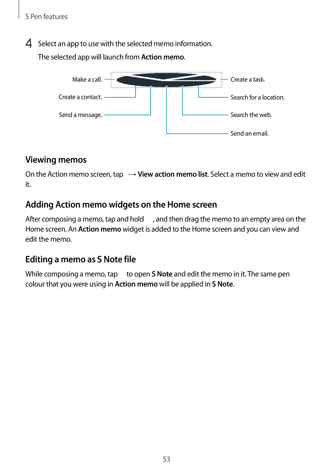 Samsung SM-N915FZWEILO manual Viewing memos, Adding Action memo widgets on the Home screen, Editing a memo as S Note file 