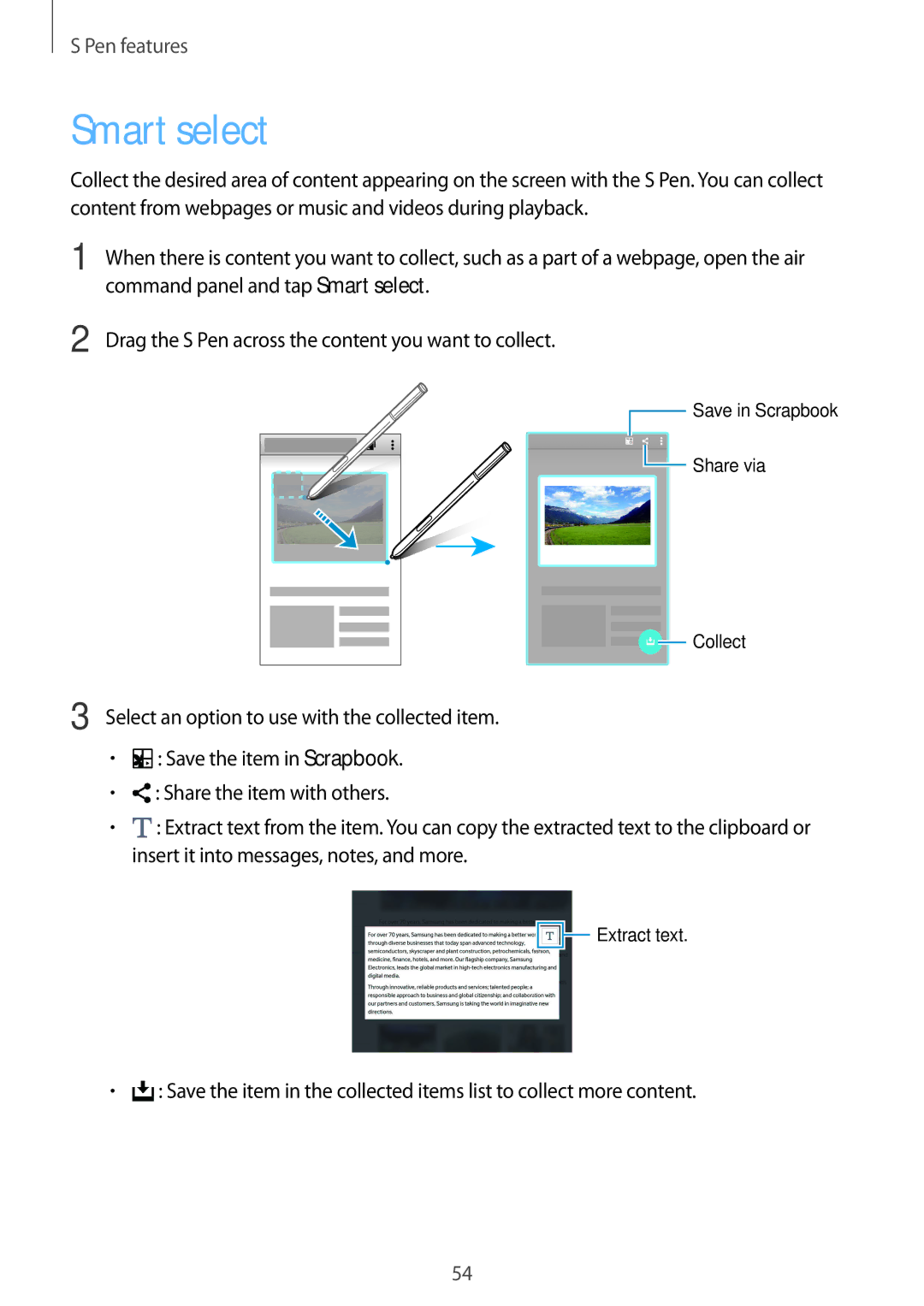 Samsung SM-N915FZKEILO manual Command panel and tap Smart select, Drag the S Pen across the content you want to collect 