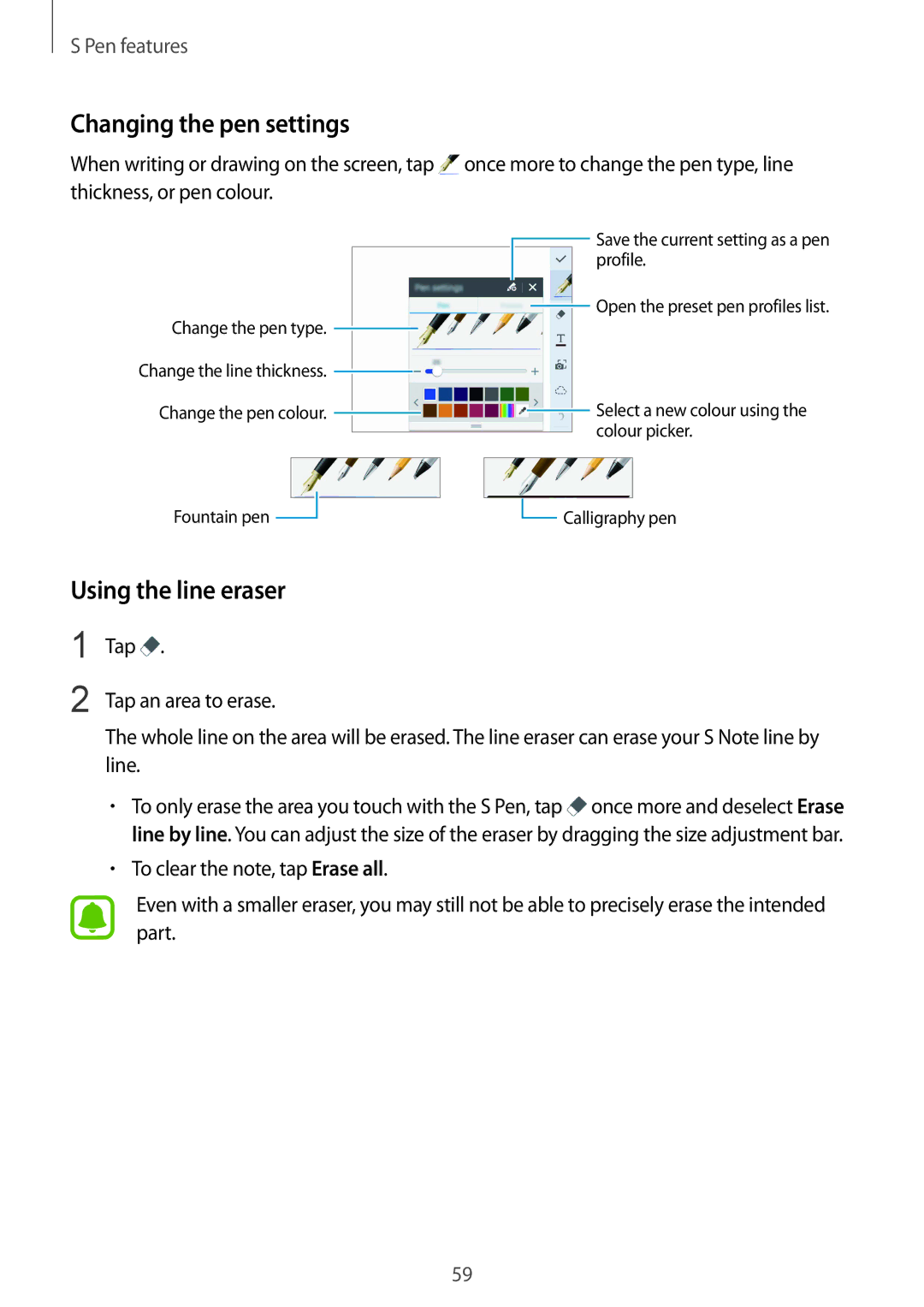 Samsung SM-N915FZKEILO, SM-N915FZWEKSA, SM-N915FZKEXEV, SM-N915FZWEXEV manual Changing the pen settings, Using the line eraser 