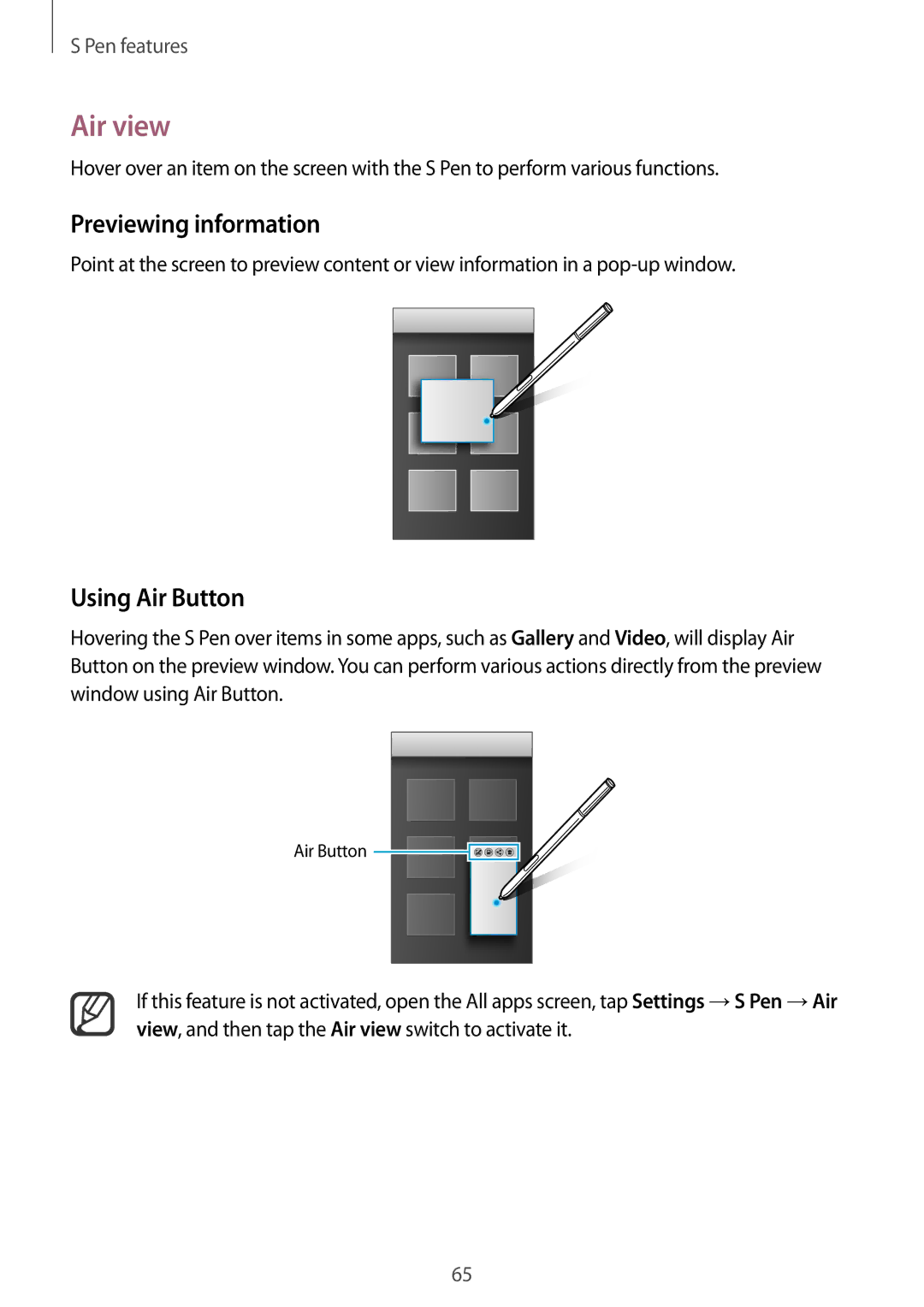 Samsung SM-N915FZWEKSA, SM-N915FZKEXEV, SM-N915FZWEXEV, SM-N915FZWEILO Air view, Previewing information, Using Air Button 