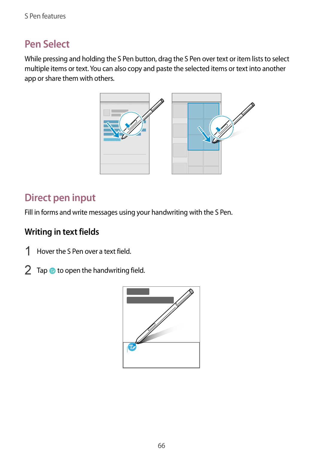 Samsung SM-N915FZKEXEV, SM-N915FZWEKSA, SM-N915FZWEXEV, SM-N915FZWEILO Pen Select, Direct pen input, Writing in text fields 