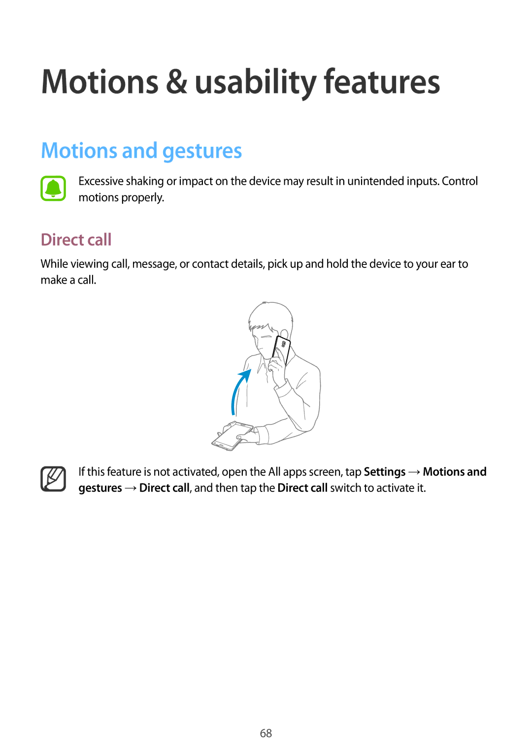 Samsung SM-N915FZWEILO, SM-N915FZWEKSA, SM-N915FZKEXEV manual Motions & usability features, Motions and gestures, Direct call 