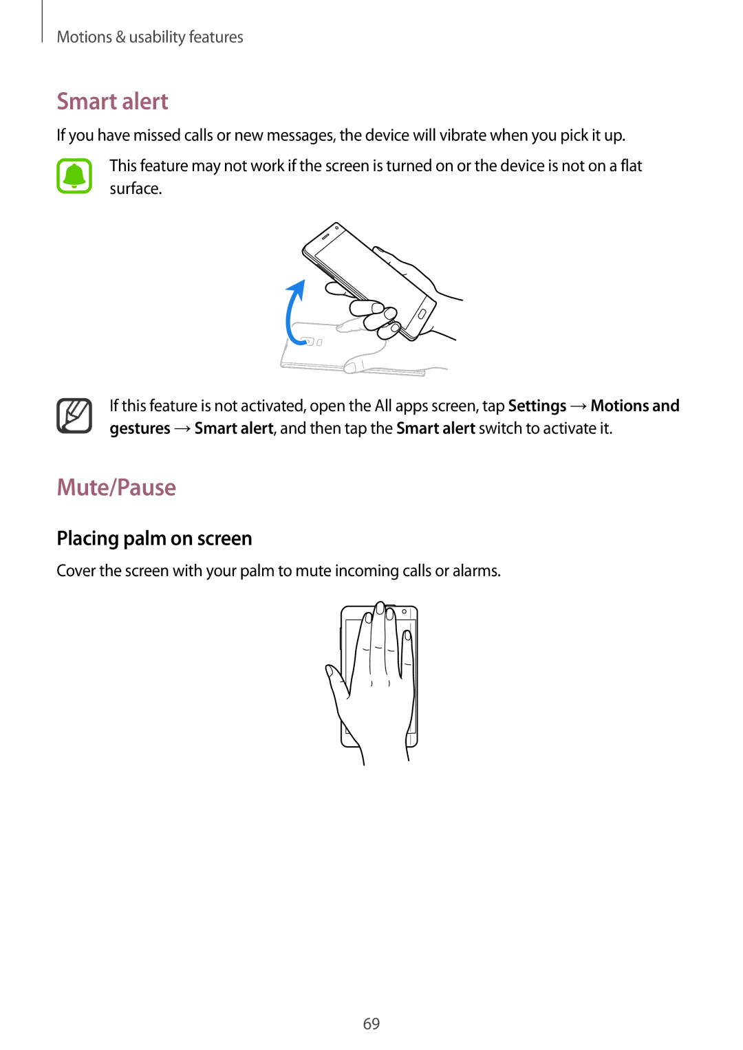 Samsung SM-N915FZKEILO, SM-N915FZWEKSA, SM-N915FZKEXEV, SM-N915FZWEXEV manual Smart alert, Mute/Pause, Placing palm on screen 