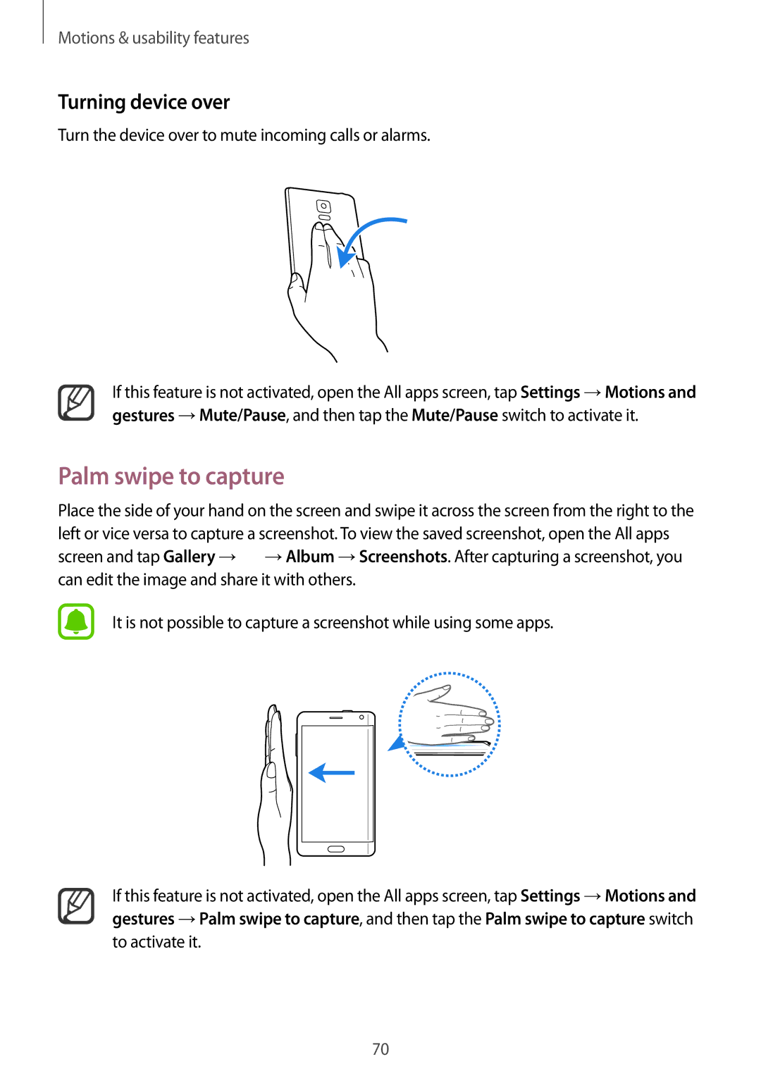 Samsung SM-N915FZWEKSA Palm swipe to capture, Turning device over, Turn the device over to mute incoming calls or alarms 