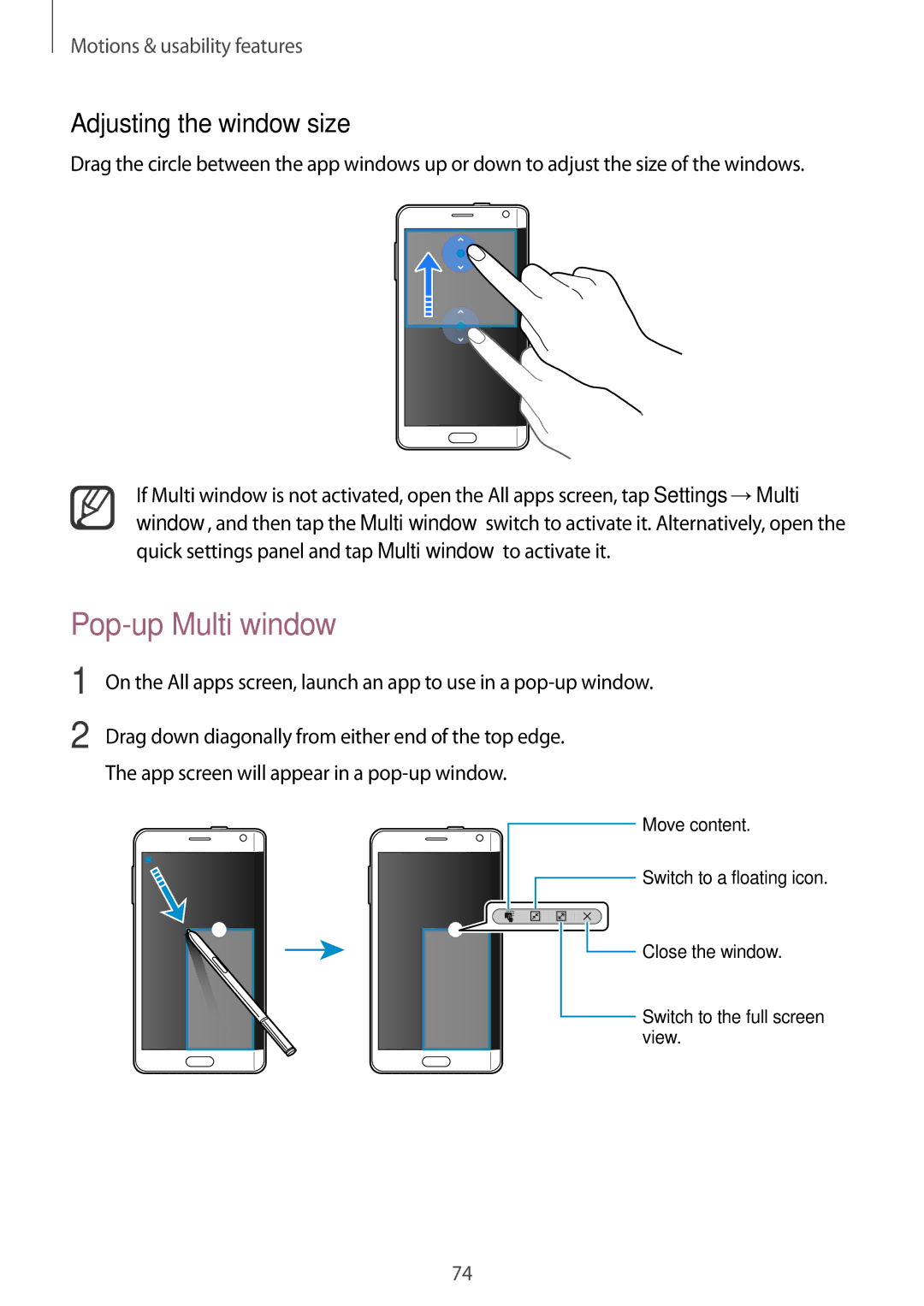 Samsung SM-N915FZKEILO, SM-N915FZWEKSA, SM-N915FZKEXEV, SM-N915FZWEXEV manual Pop-up Multi window, Adjusting the window size 