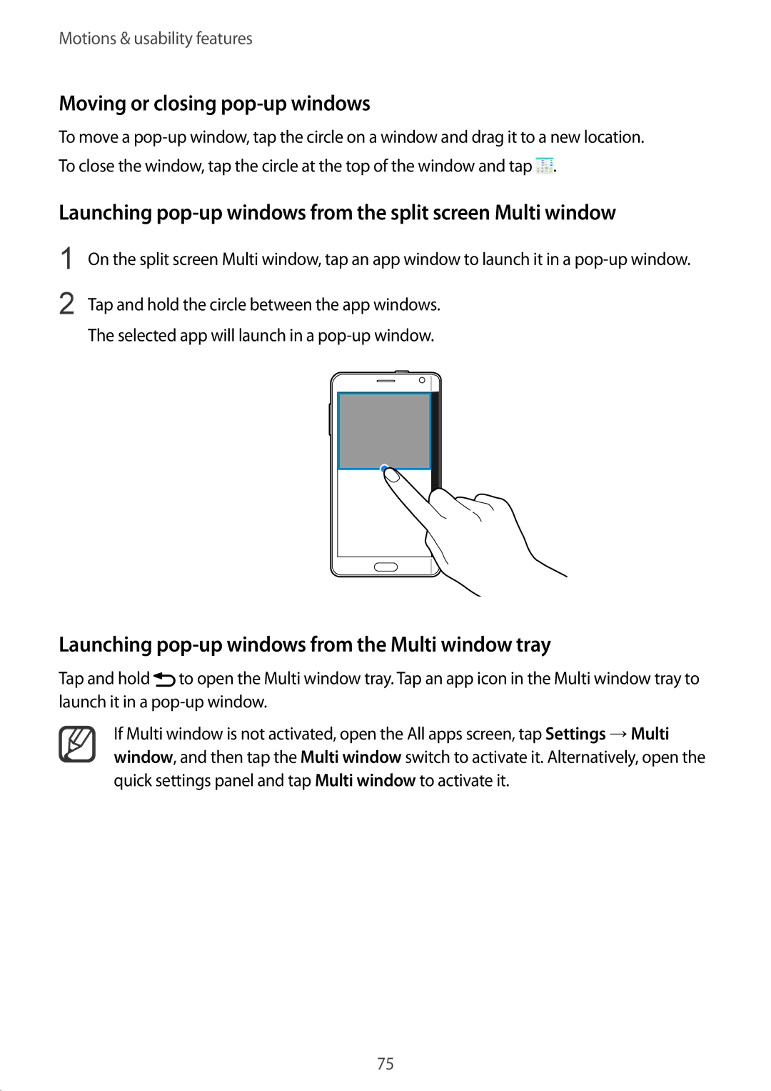 Samsung SM-N915FZWEKSA manual Moving or closing pop-up windows, Launching pop-up windows from the split screen Multi window 