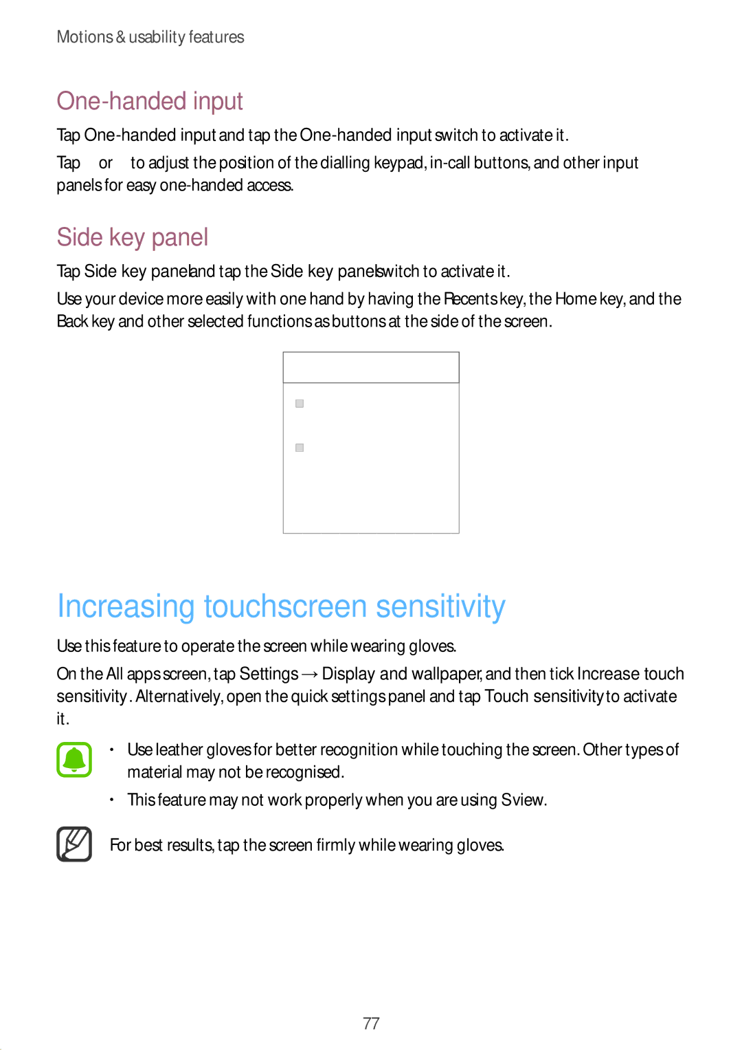 Samsung SM-N915FZWEXEV, SM-N915FZWEKSA, SM-N915FZKEXEV Increasing touchscreen sensitivity, One-handed input, Side key panel 