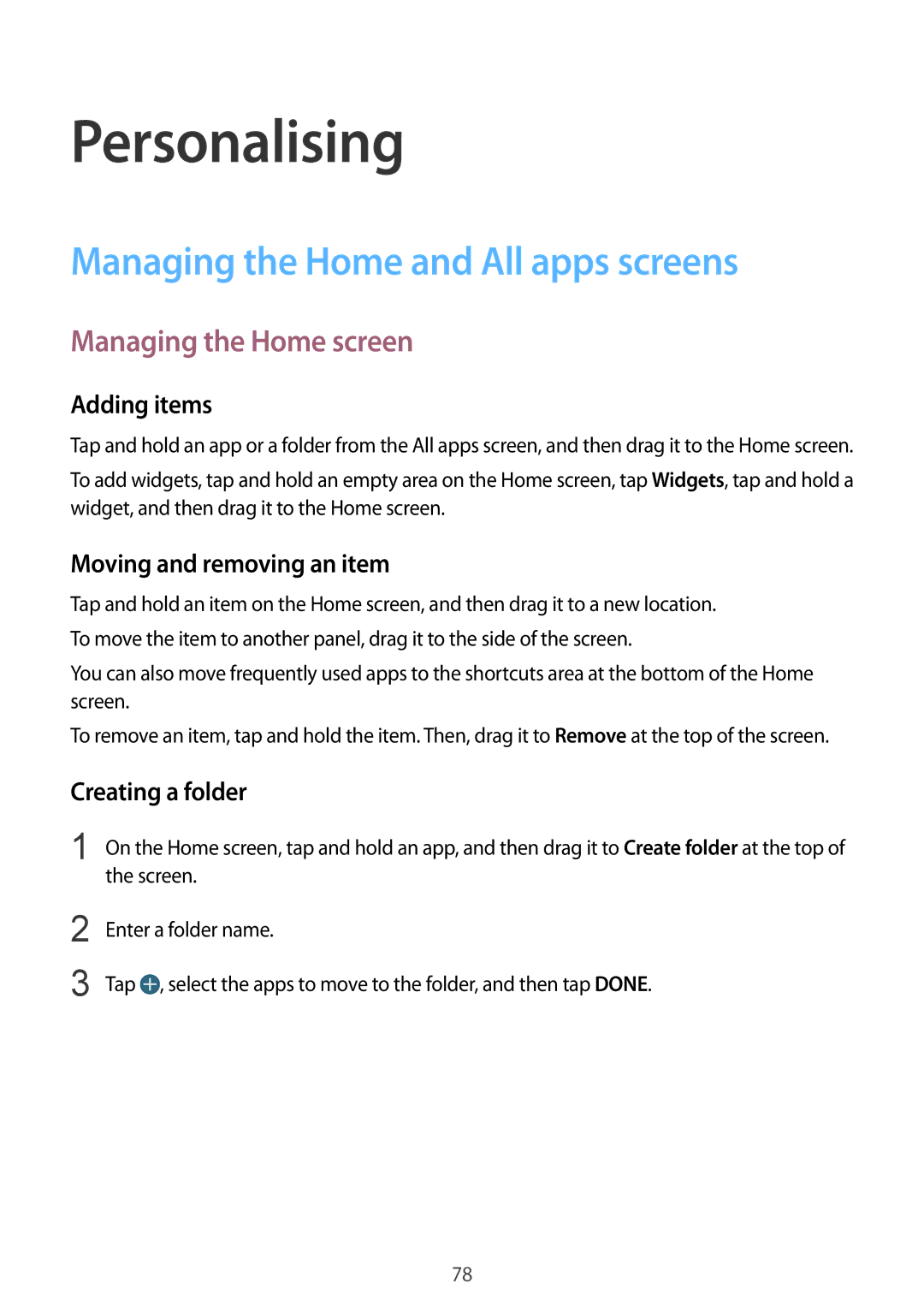 Samsung SM-N915FZWEILO, SM-N915FZWEKSA Personalising, Managing the Home and All apps screens, Managing the Home screen 