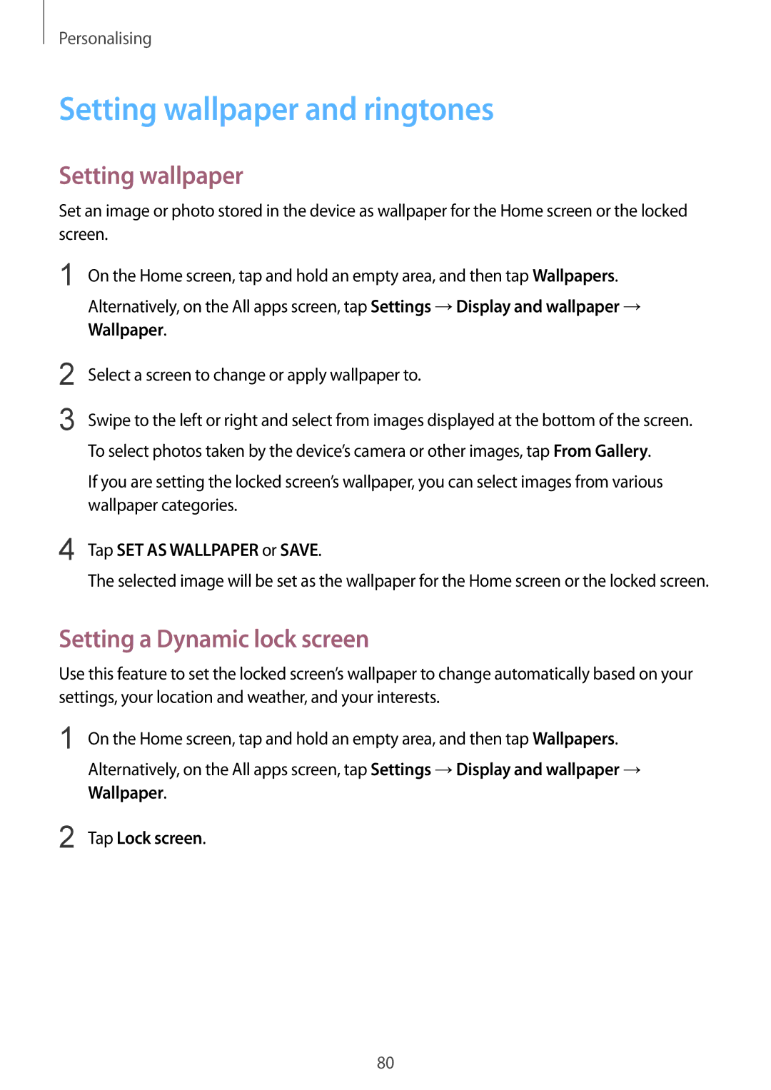 Samsung SM-N915FZWEKSA manual Setting wallpaper and ringtones, Setting a Dynamic lock screen, Tap SET AS Wallpaper or Save 