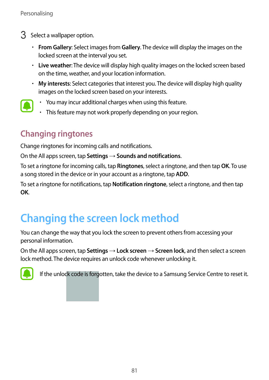 Samsung SM-N915FZKEXEV, SM-N915FZWEKSA, SM-N915FZWEXEV, SM-N915FZWEILO Changing the screen lock method, Changing ringtones 