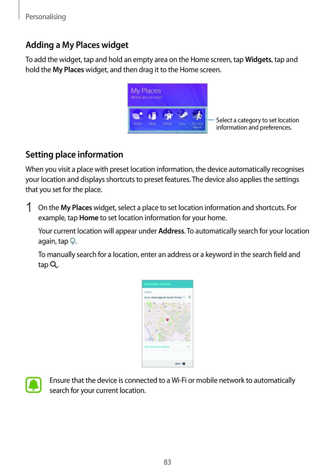 Samsung SM-N915FZWEILO, SM-N915FZWEKSA, SM-N915FZKEXEV, SM-N915FZWEXEV Adding a My Places widget, Setting place information 