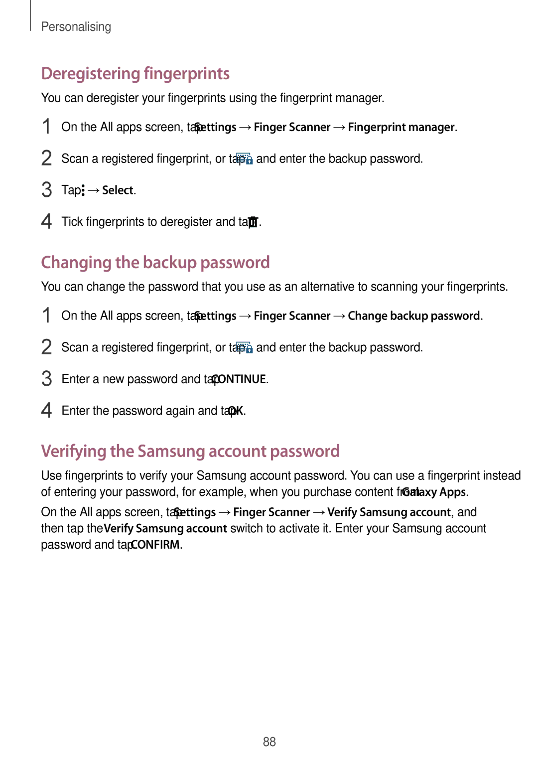 Samsung SM-N915FZWEILO Deregistering fingerprints, Changing the backup password, Verifying the Samsung account password 